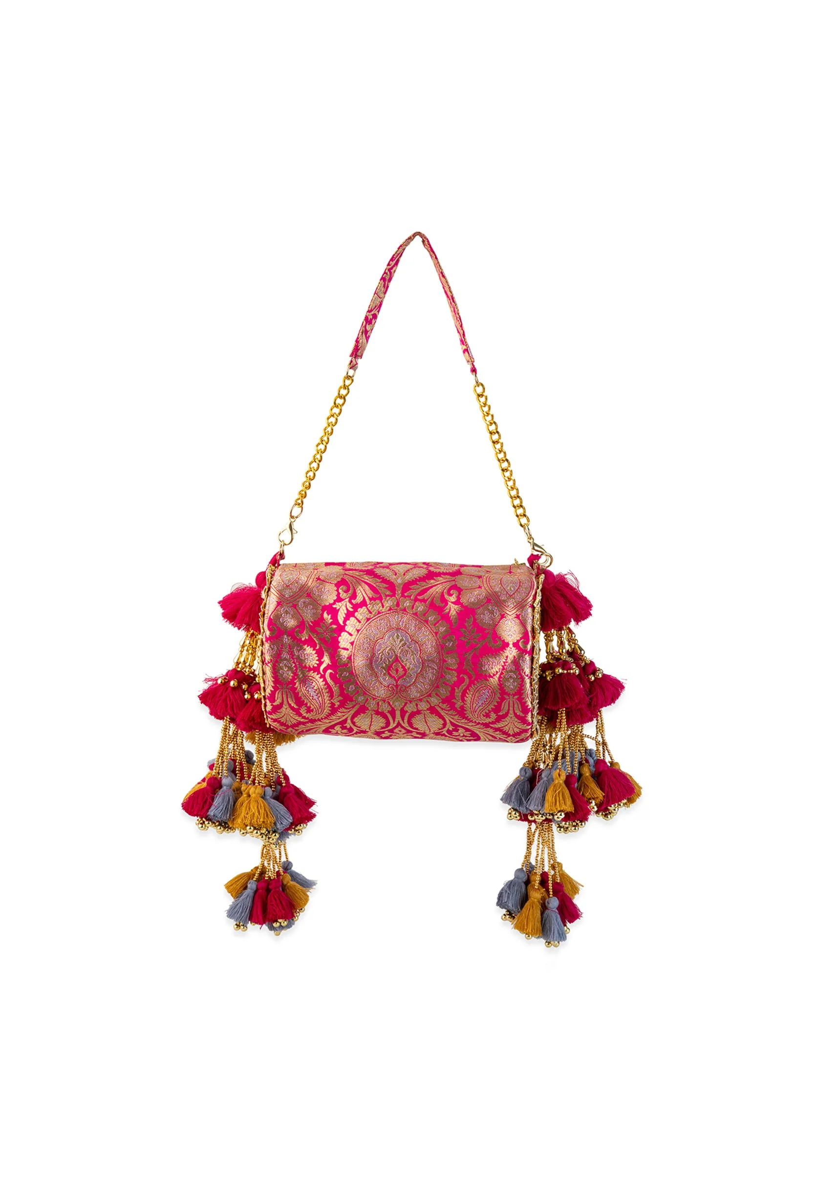 Pink Brocade Kundan Bag with Tassel - Image 3