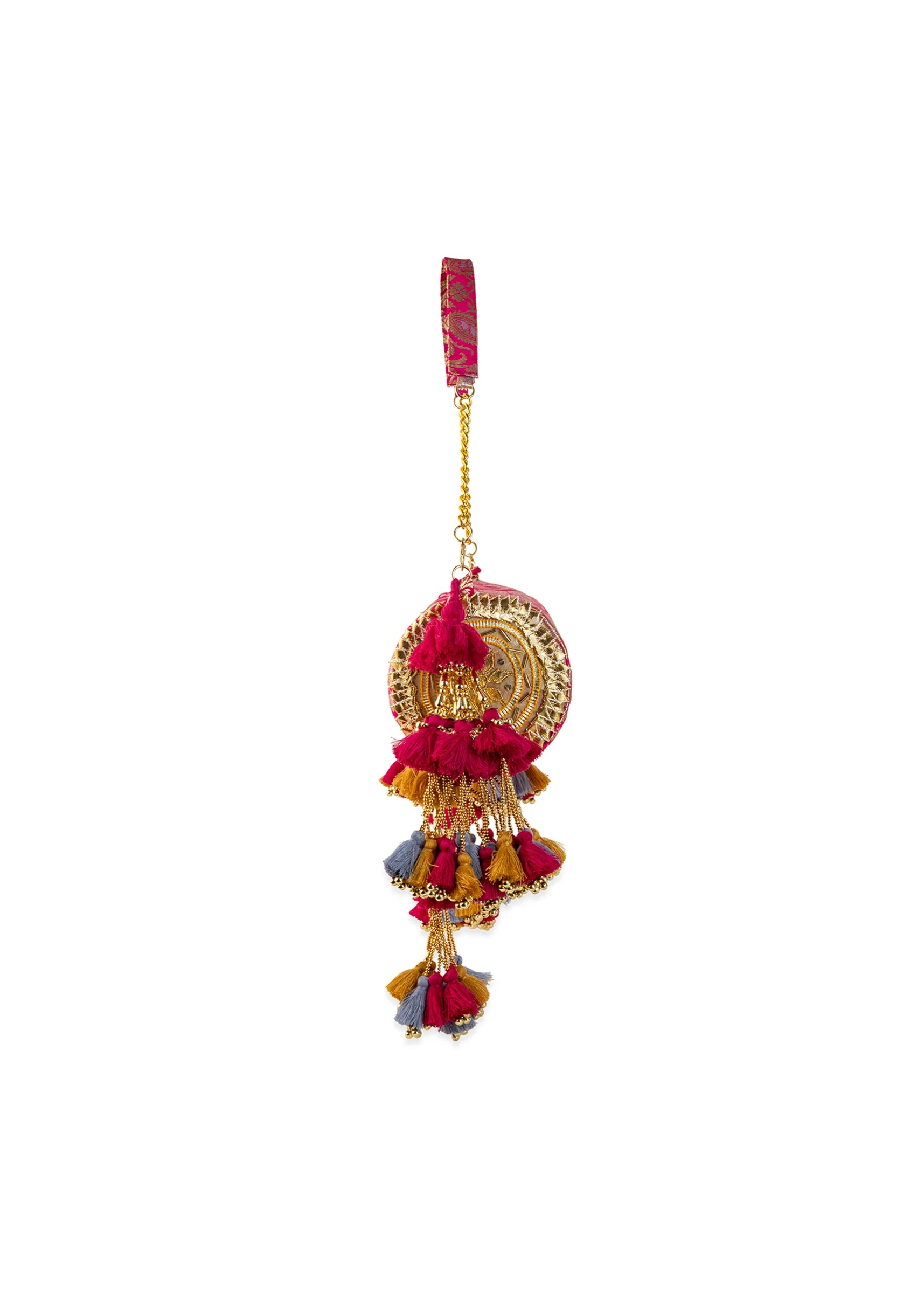 Pink Brocade Kundan Bag with Tassel - Image 4