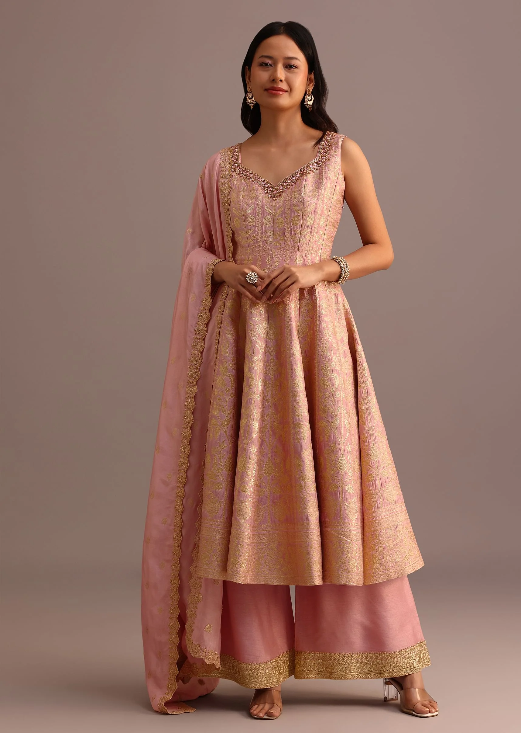 Pink Brocade Weave Kurti Palazzo Suit With Dupatta