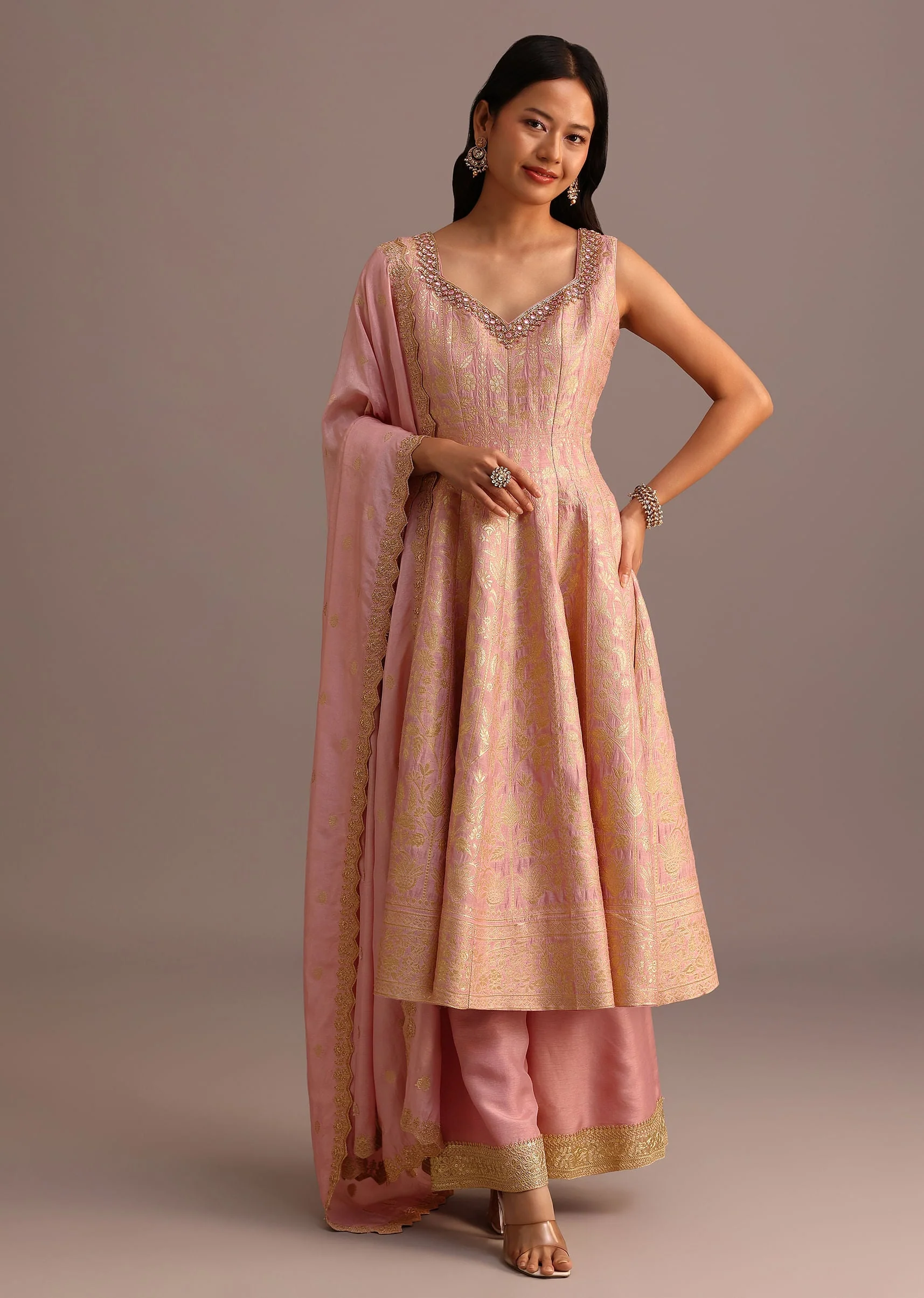 Pink Brocade Weave Kurti Palazzo Suit With Dupatta - Image 3