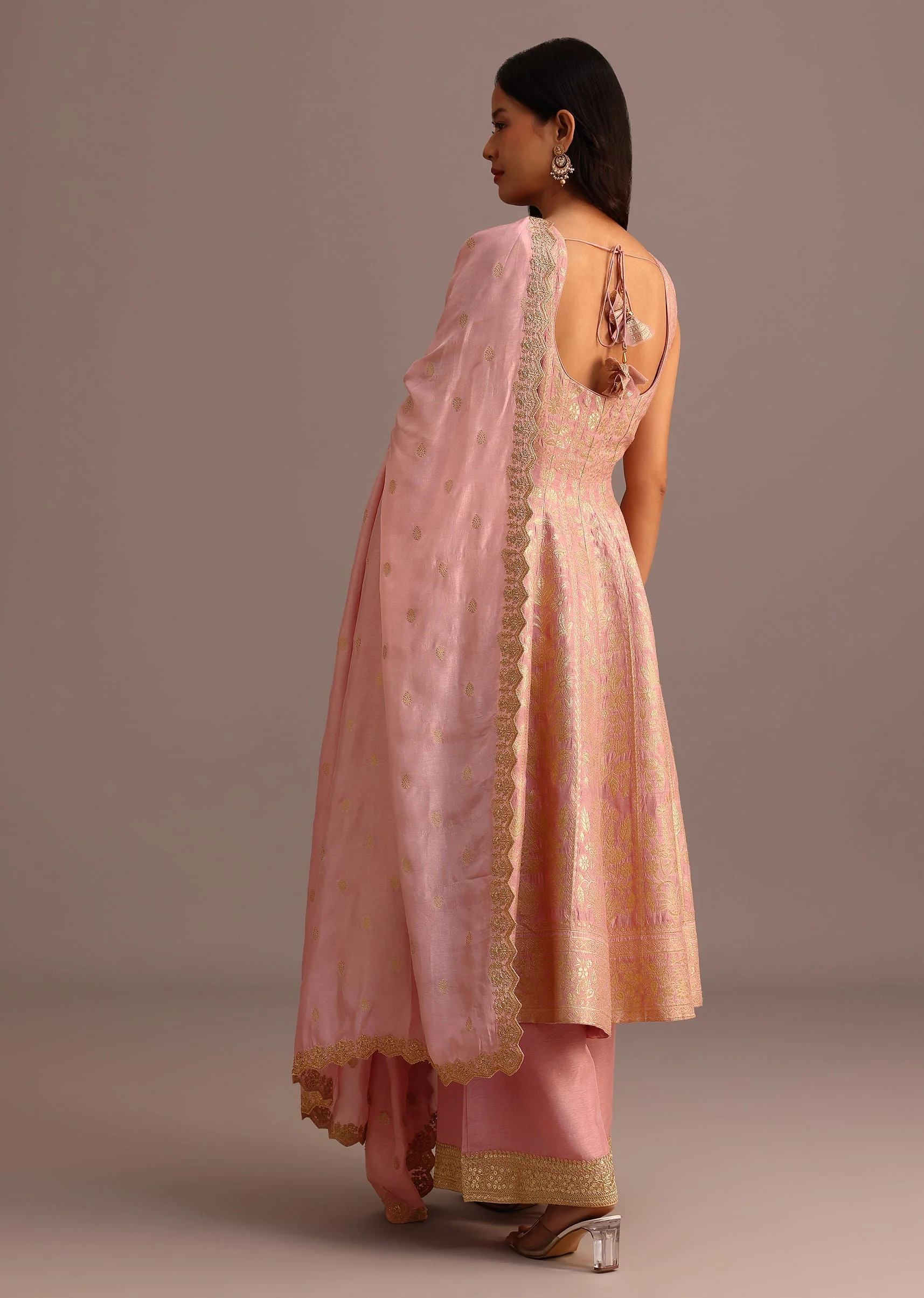 Pink Brocade Weave Kurti Palazzo Suit With Dupatta - Image 5
