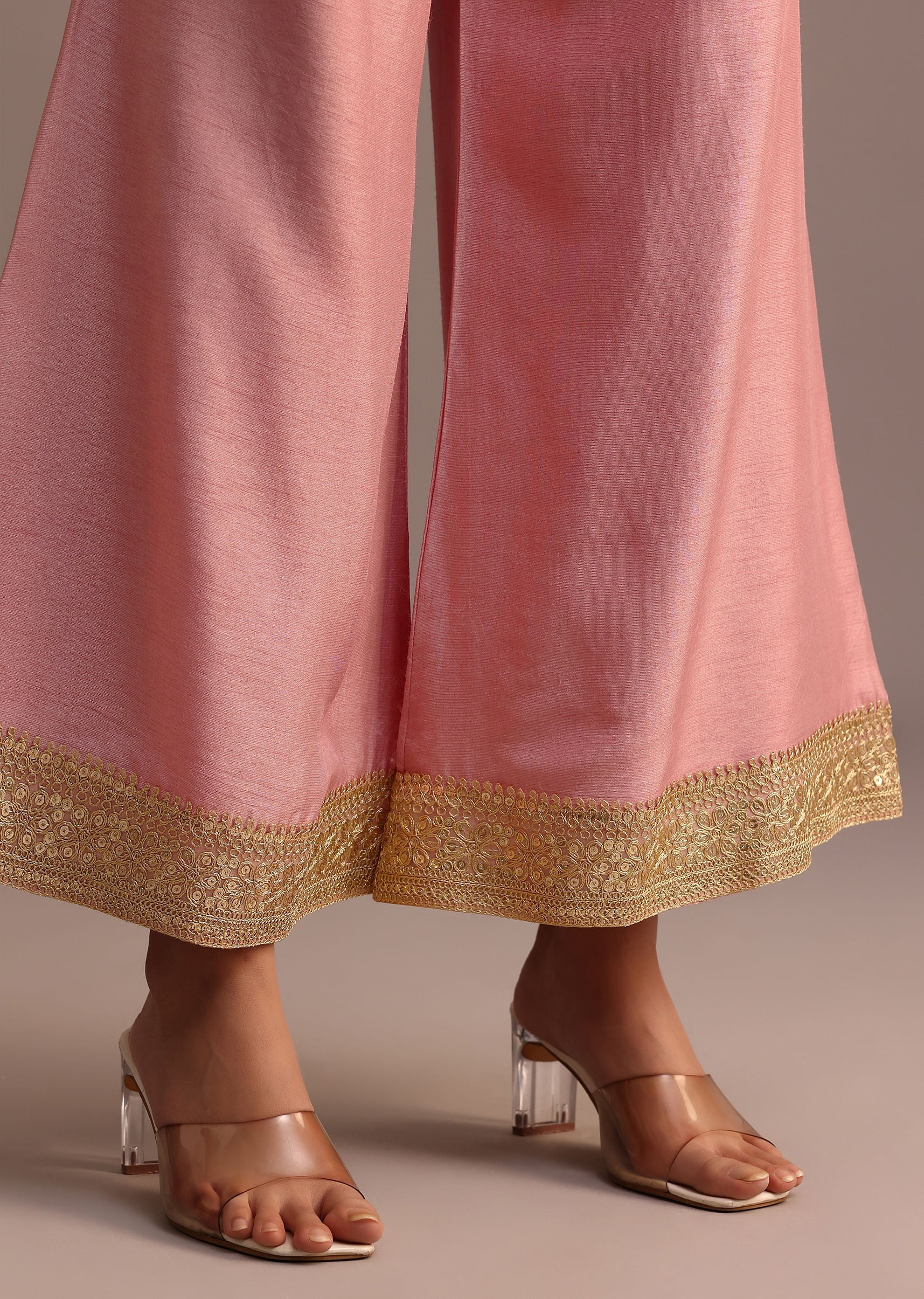 Pink Brocade Weave Kurti Palazzo Suit With Dupatta - Image 7