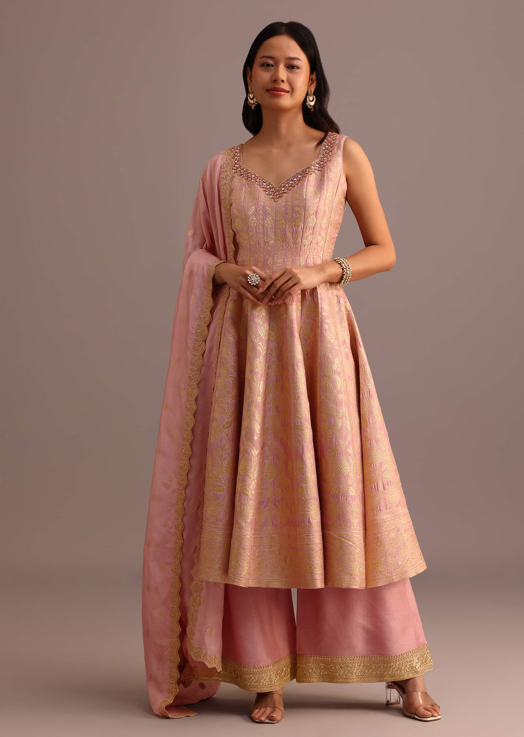 Pink Brocade Weave Kurti Palazzo Suit With Dupatta - Image 8