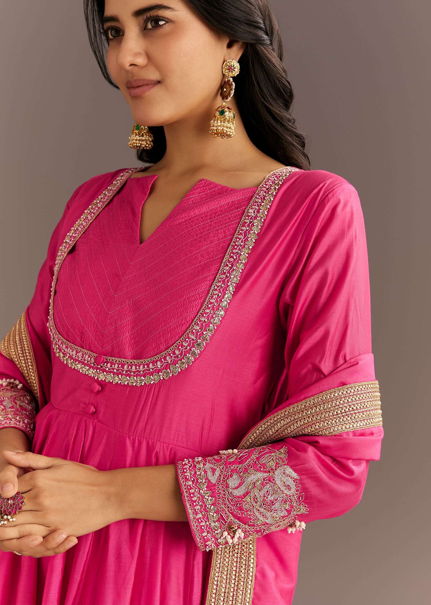 Pink Chanderi Anarkali With Gotta Moti Neckline And Lace Dupatta - Image 2