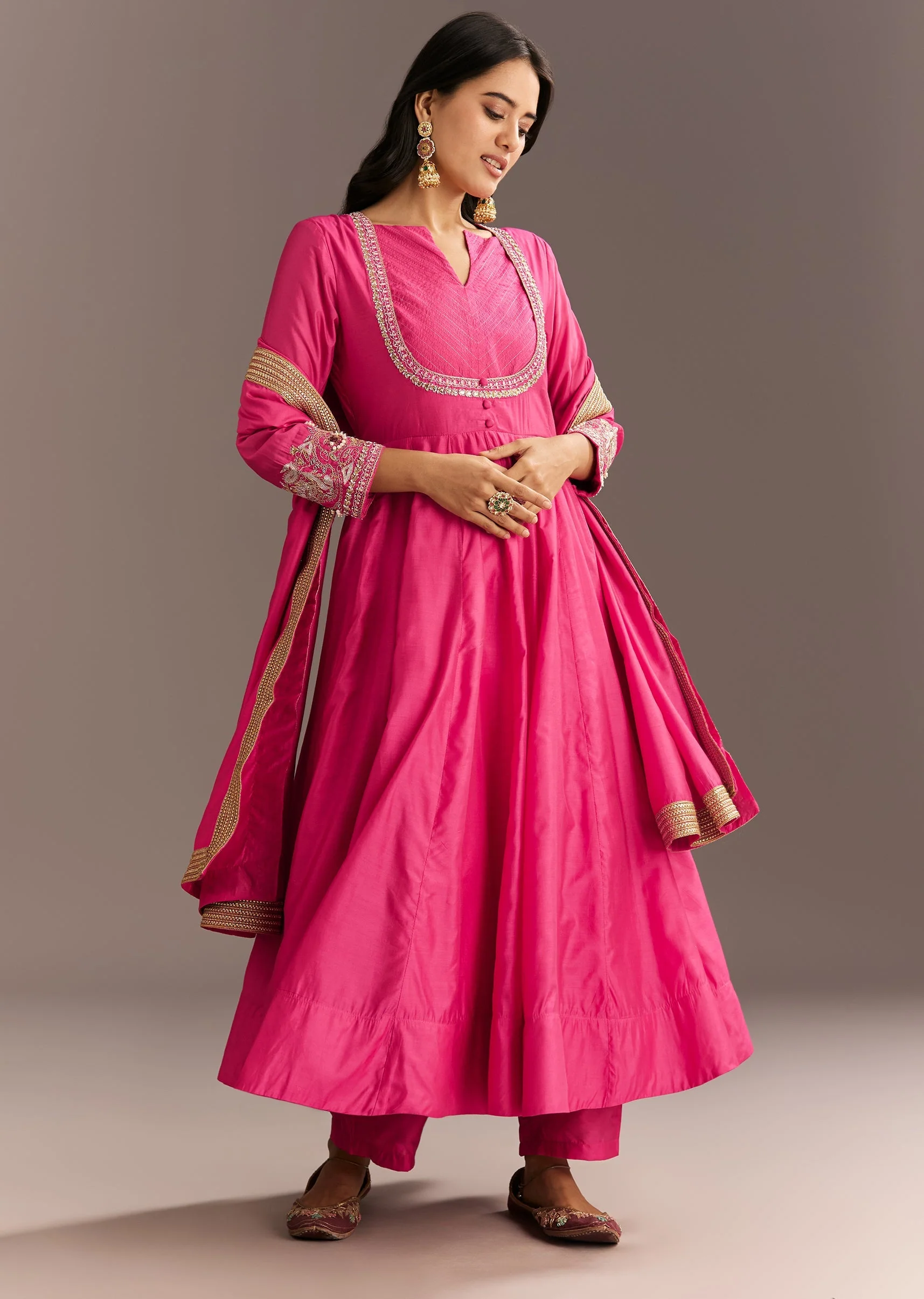 Pink Chanderi Anarkali With Gotta Moti Neckline And Lace Dupatta - Image 3