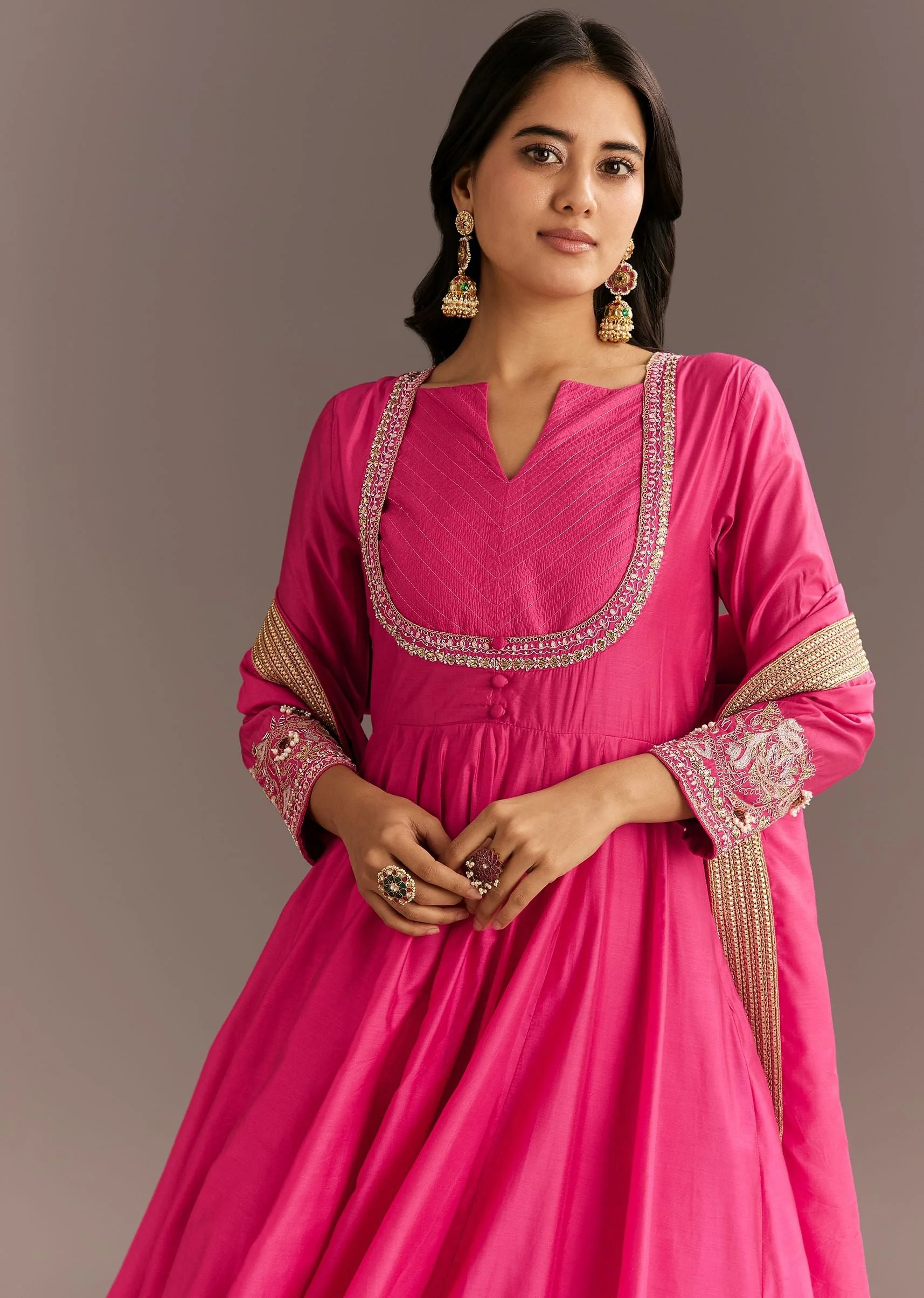 Pink Chanderi Anarkali With Gotta Moti Neckline And Lace Dupatta - Image 4