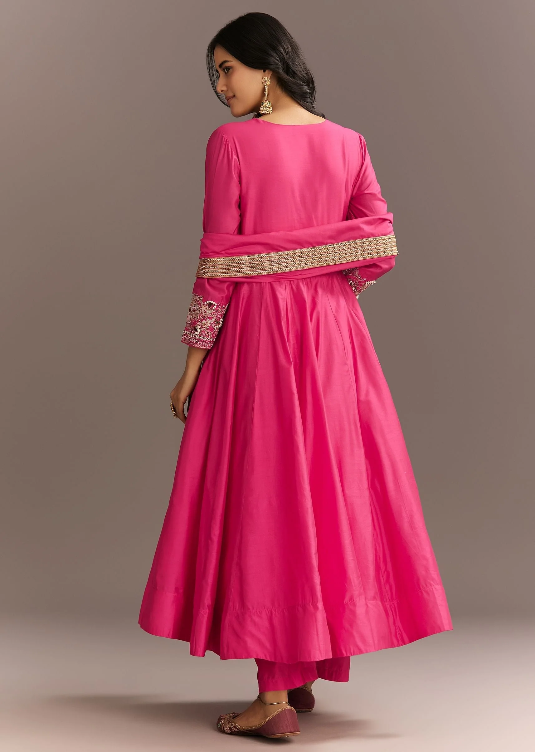 Pink Chanderi Anarkali With Gotta Moti Neckline And Lace Dupatta - Image 5