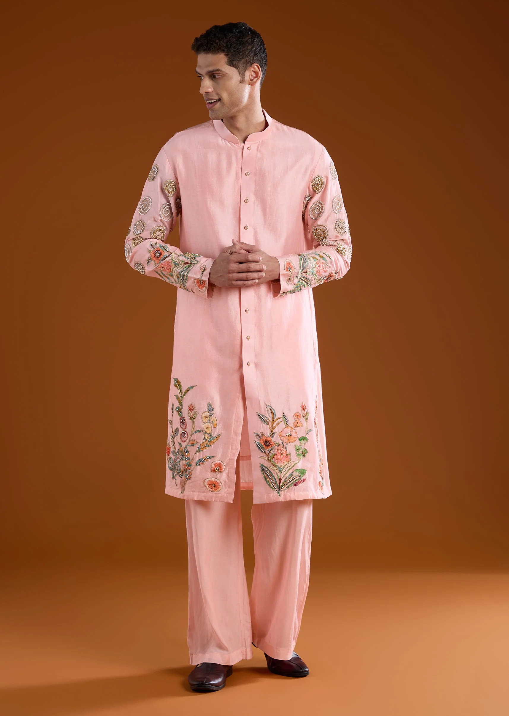 Pink Chanderi Embroidered Mens Kurta Pant Set