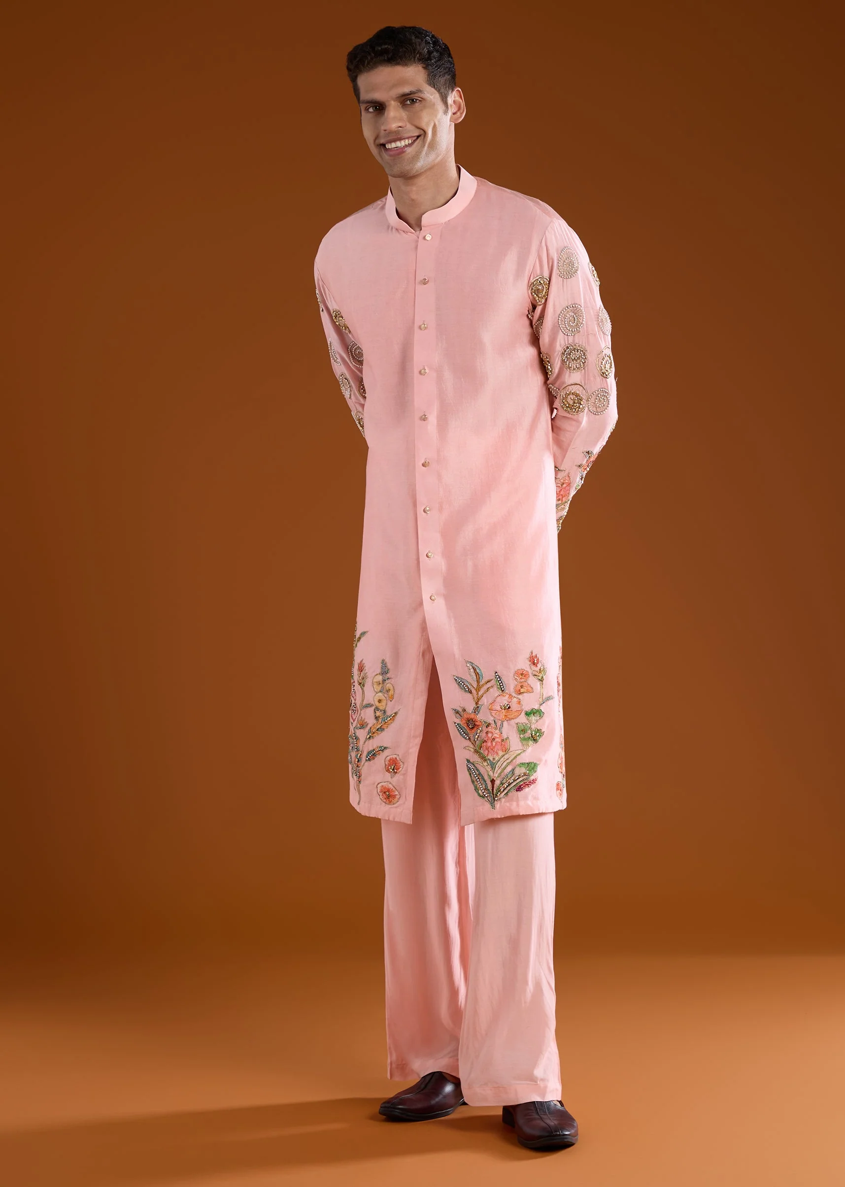 Pink Chanderi Embroidered Mens Kurta Pant Set - Image 3