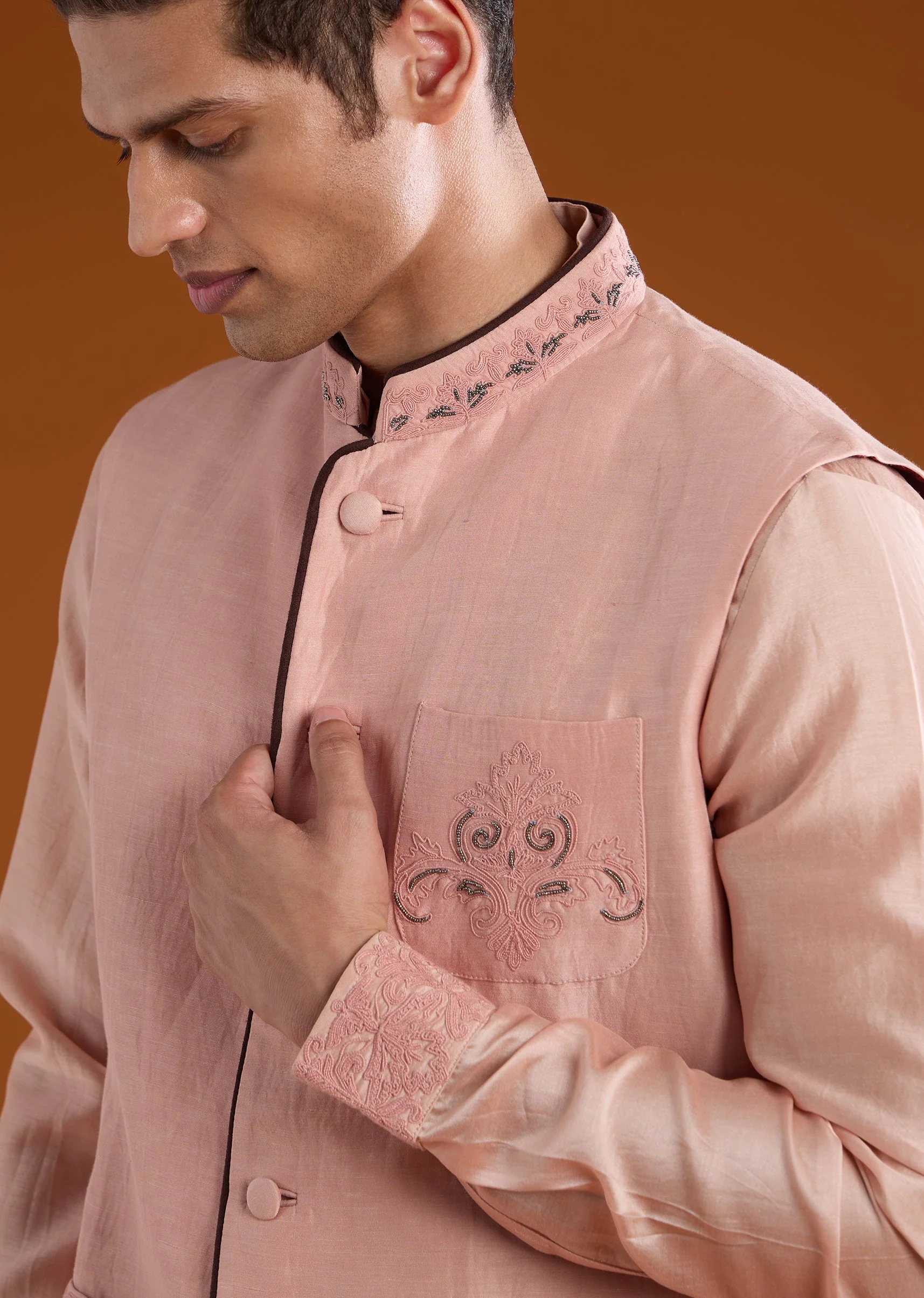 Pink Chanderi Jacket Kurta Set with Dori Work - Image 2