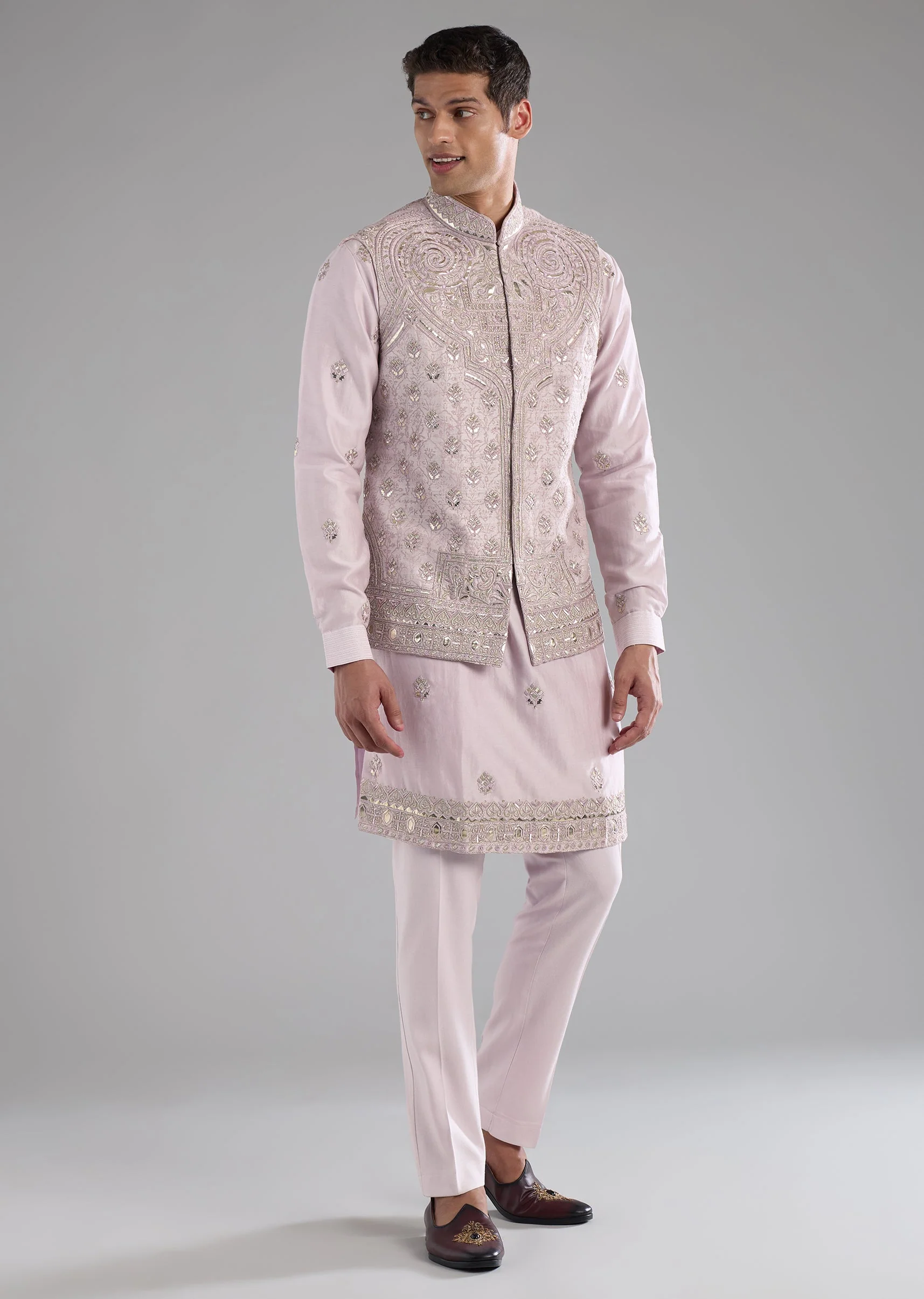 Pink Chanderi Jacket Kurta Set with Resham Work
