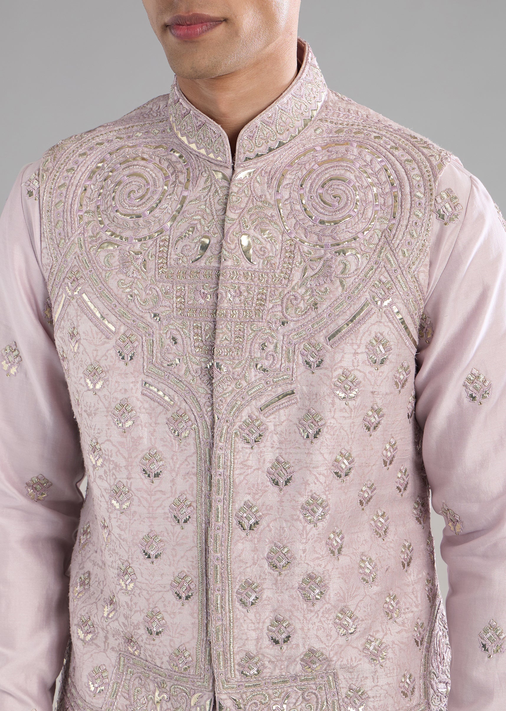 Pink Chanderi Jacket Kurta Set with Resham Work - Image 2