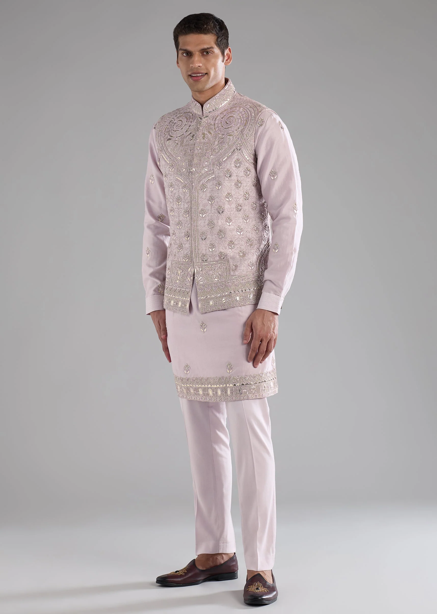 Pink Chanderi Jacket Kurta Set with Resham Work - Image 3