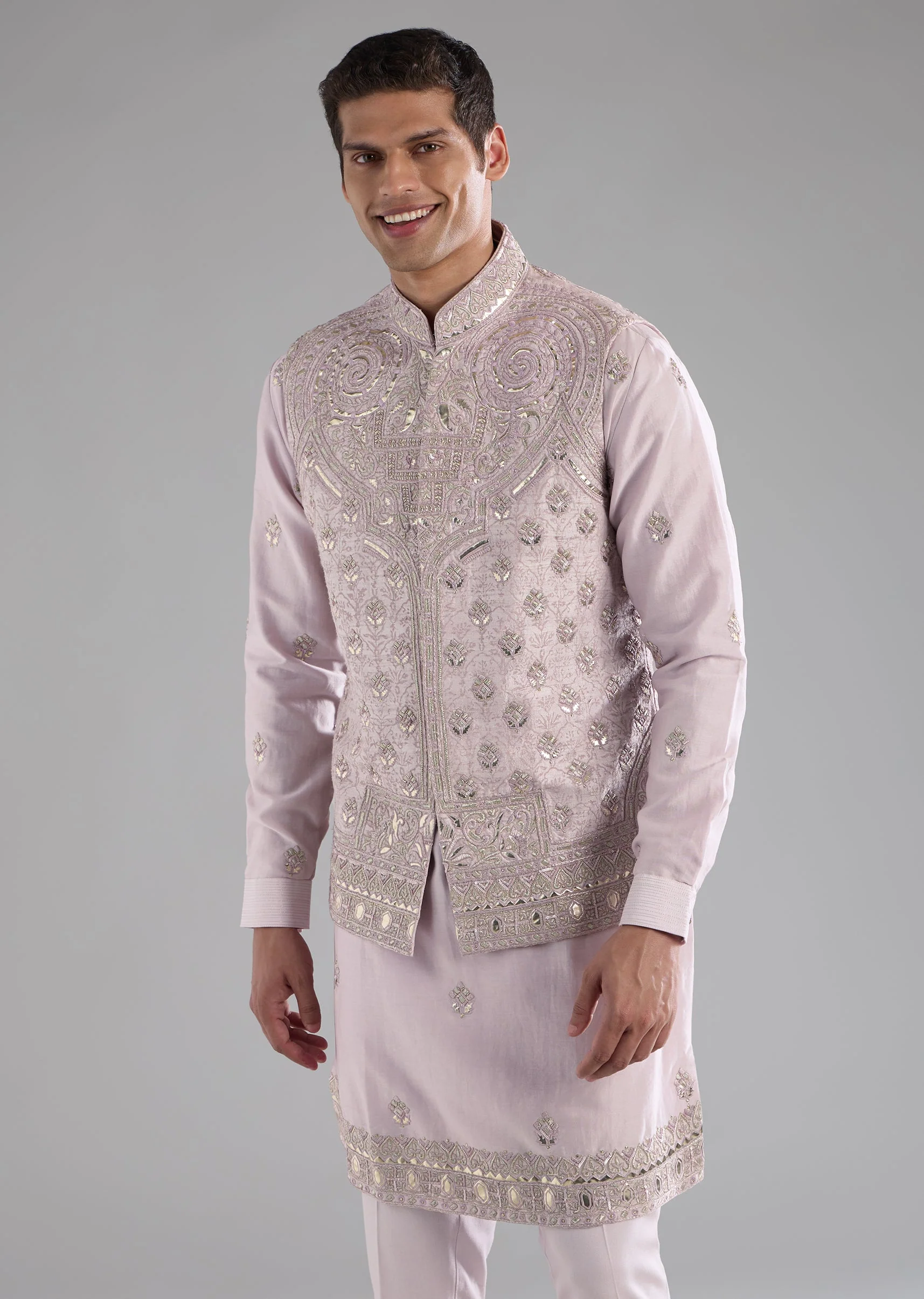 Pink Chanderi Jacket Kurta Set with Resham Work - Image 4