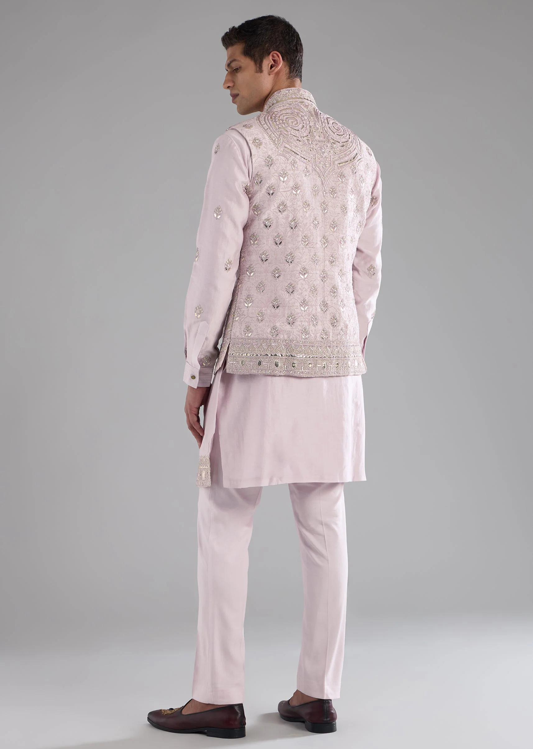 Pink Chanderi Jacket Kurta Set with Resham Work - Image 5