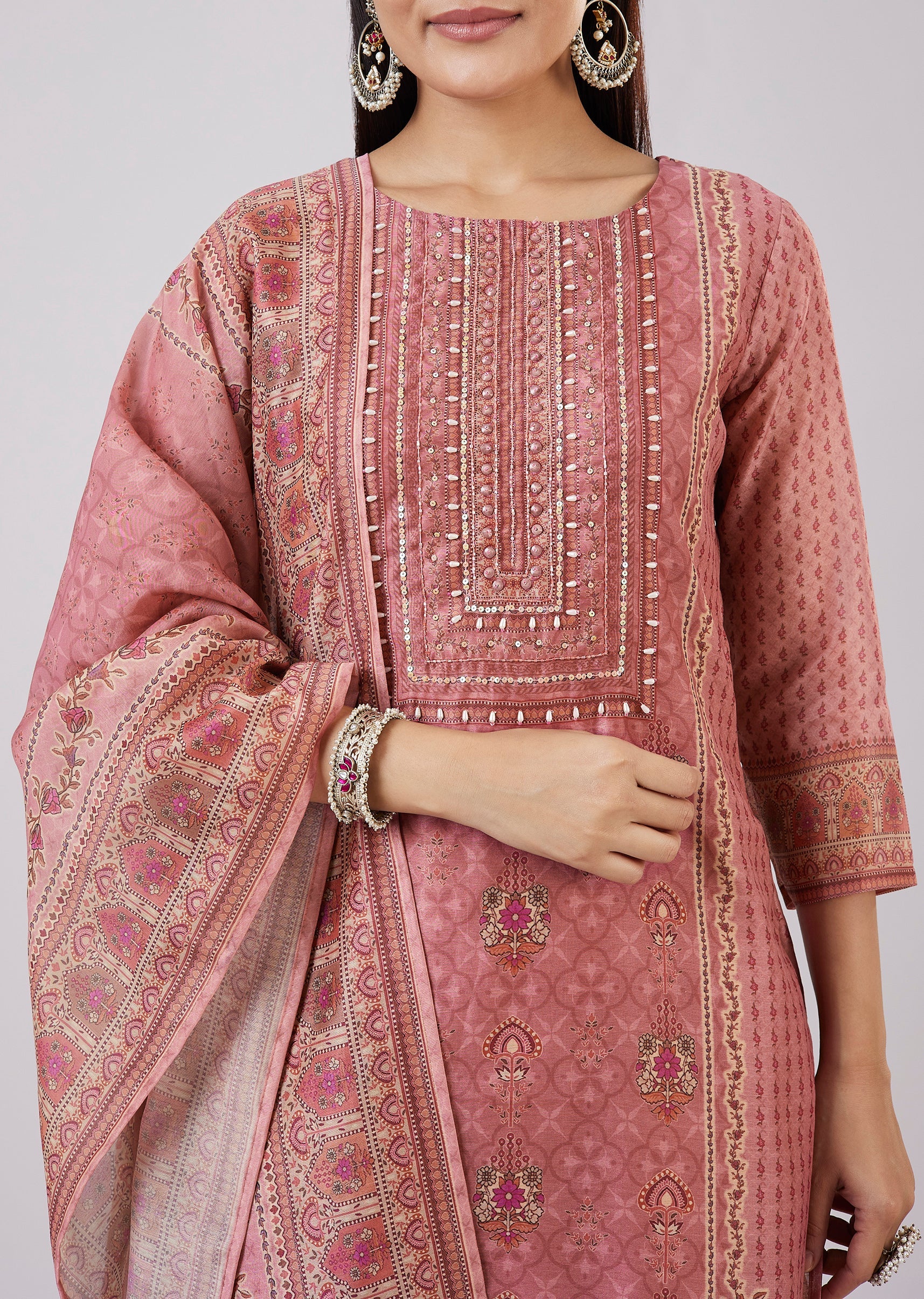 Pink Chanderi Kurta Set With Embellished Work - Image 2
