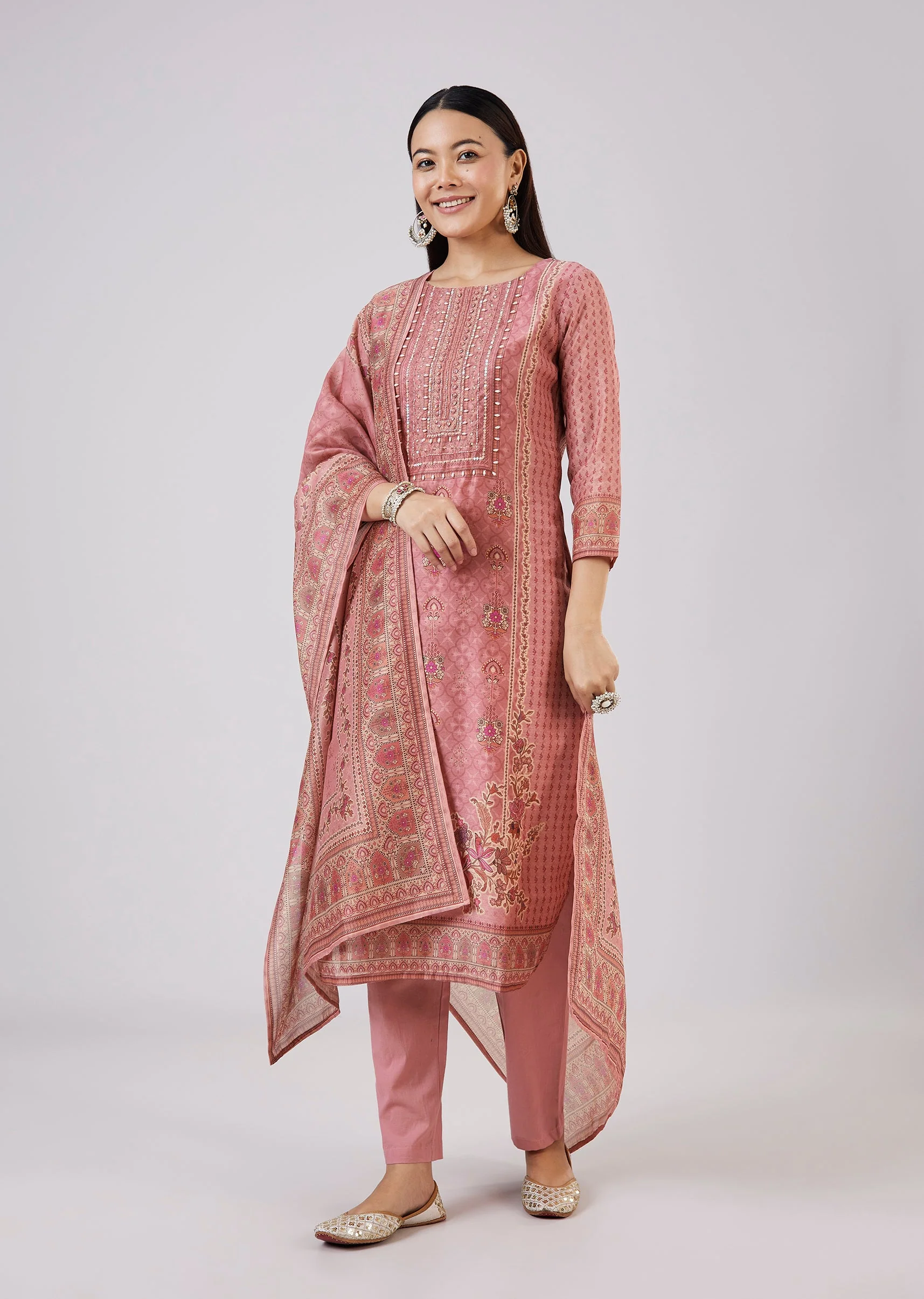 Pink Chanderi Kurta Set With Embellished Work - Image 3