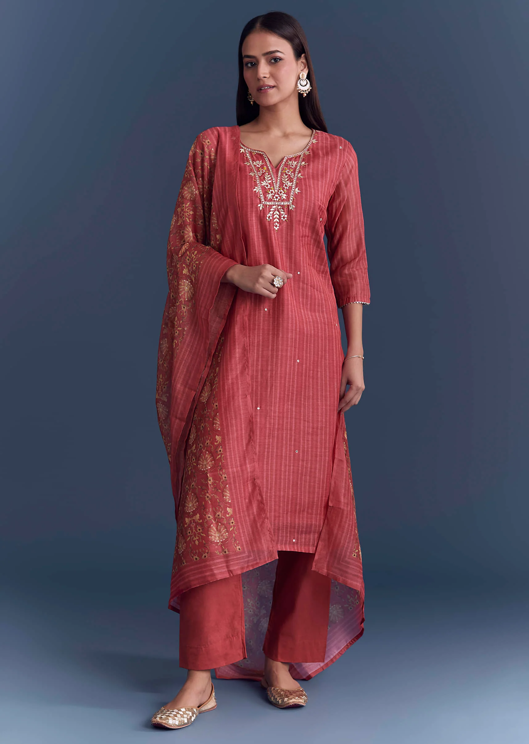 Pink Chanderi Kurta Set With Stripe Print And Gota Work - Image 3