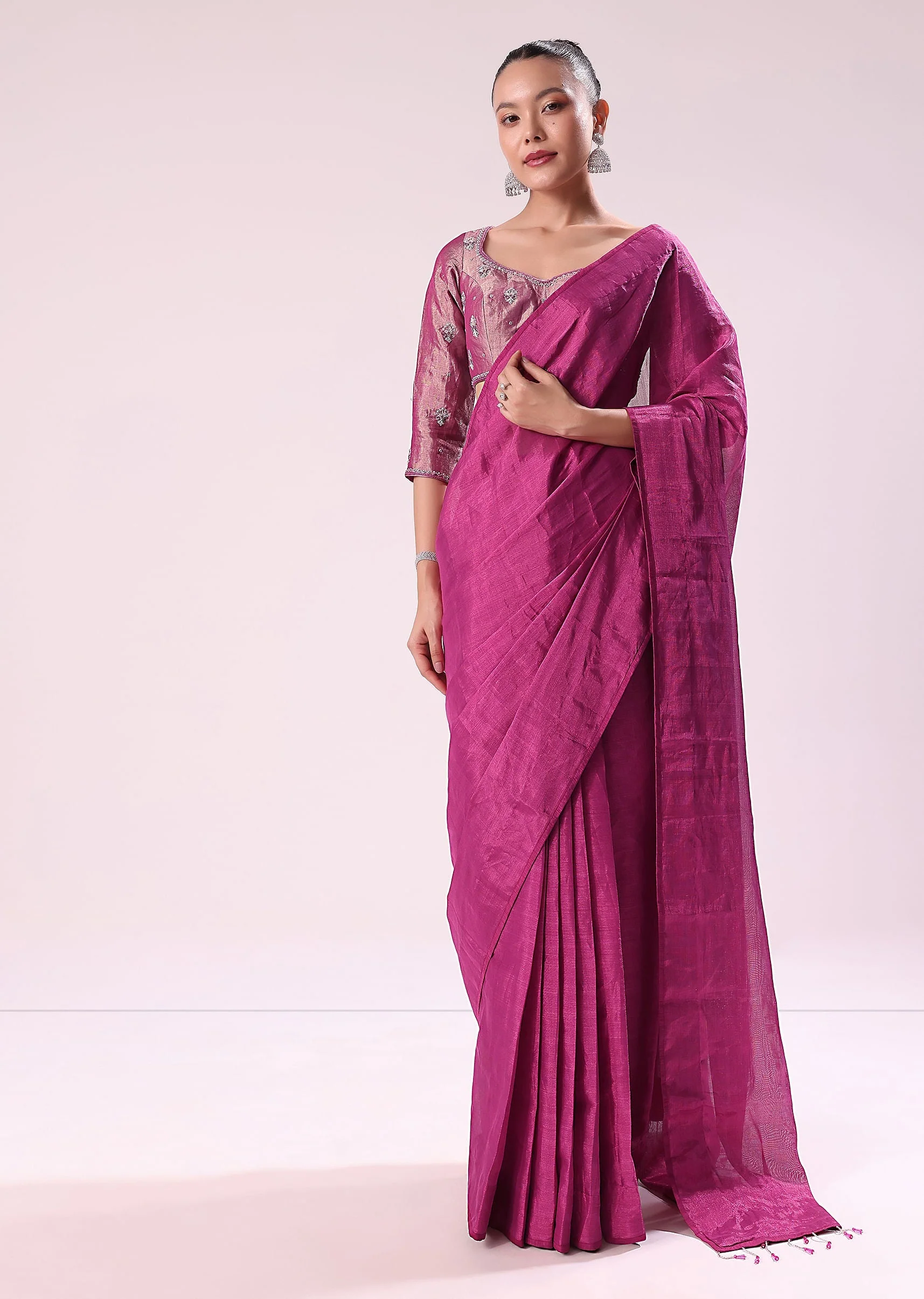 Pink Chanderi Tissue Saree With Silver Rani Tissue Stitched Blouse - Image 4