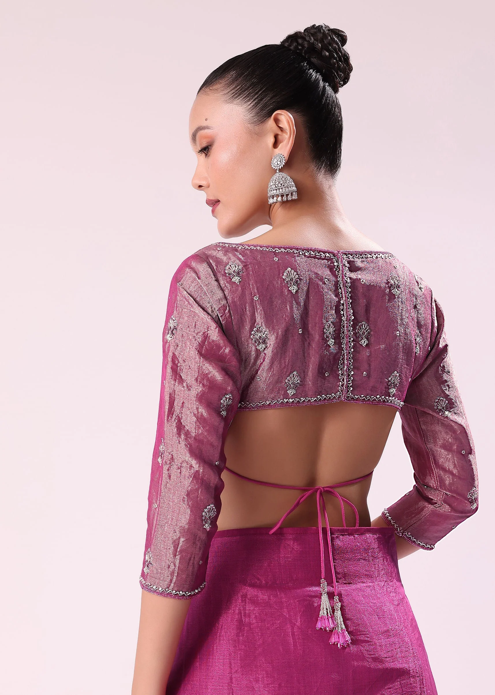 Pink Chanderi Tissue Saree With Silver Rani Tissue Stitched Blouse - Image 7