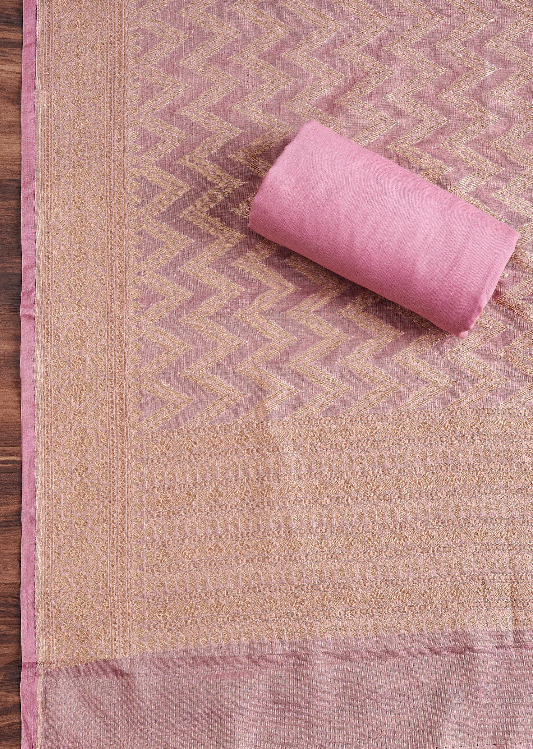 Pink Chanderi Unstitched Suit With Dupatta - Image 2