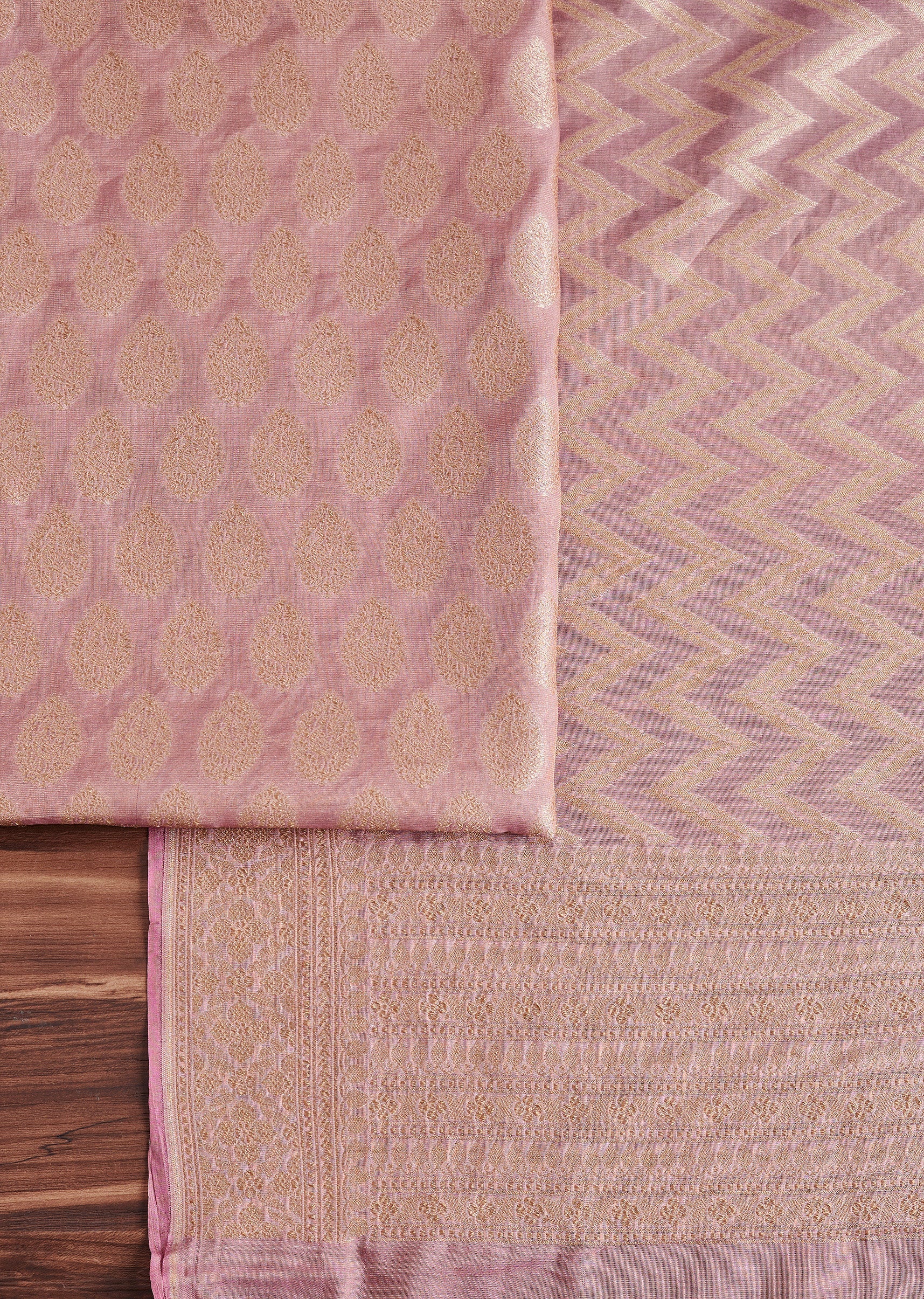 Pink Chanderi Unstitched Suit With Dupatta - Image 3
