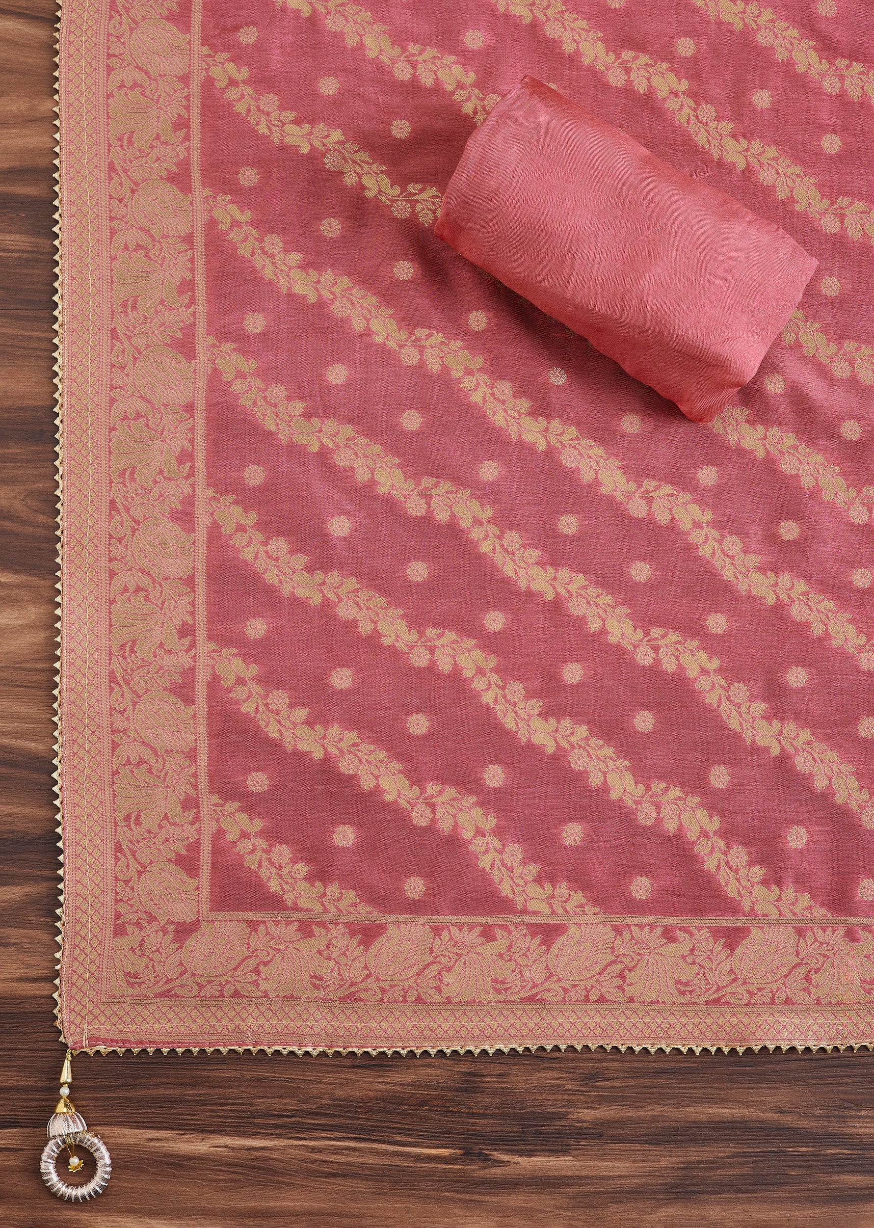 Pink Chanderi Unstitched Suit With Embroidery And Dupatta - Image 3