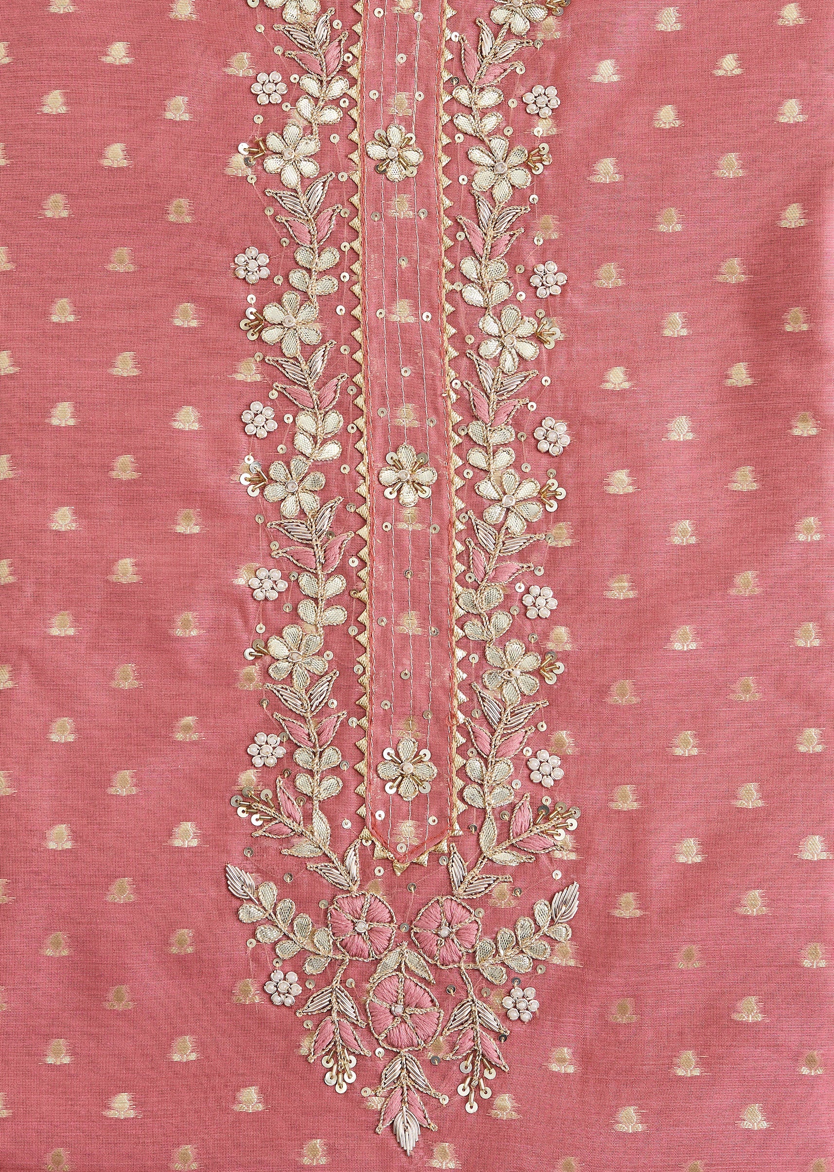 Pink Chanderi Unstitched Suit With Embroidery And Dupatta - Image 4