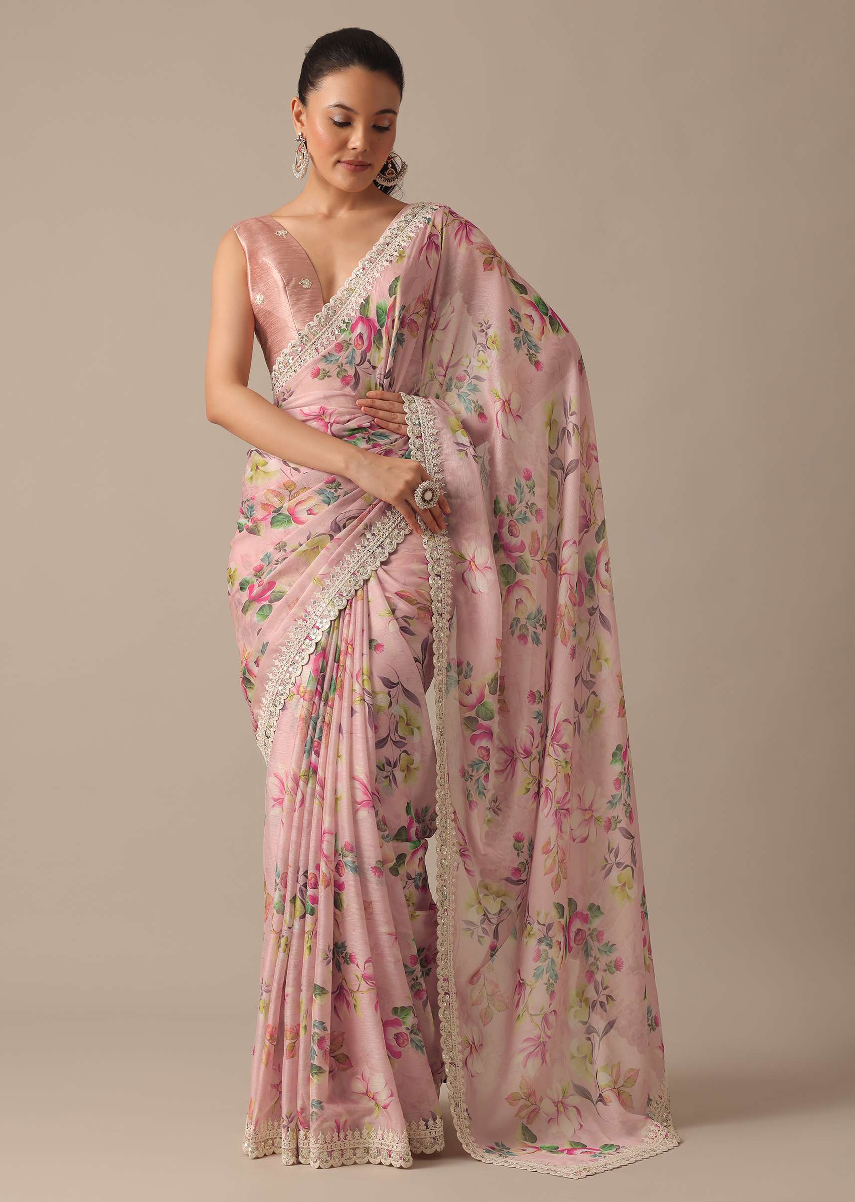 Pink Chiffon Ready To Wear Saree With Floral Prints And Unstitched Blouse Piece