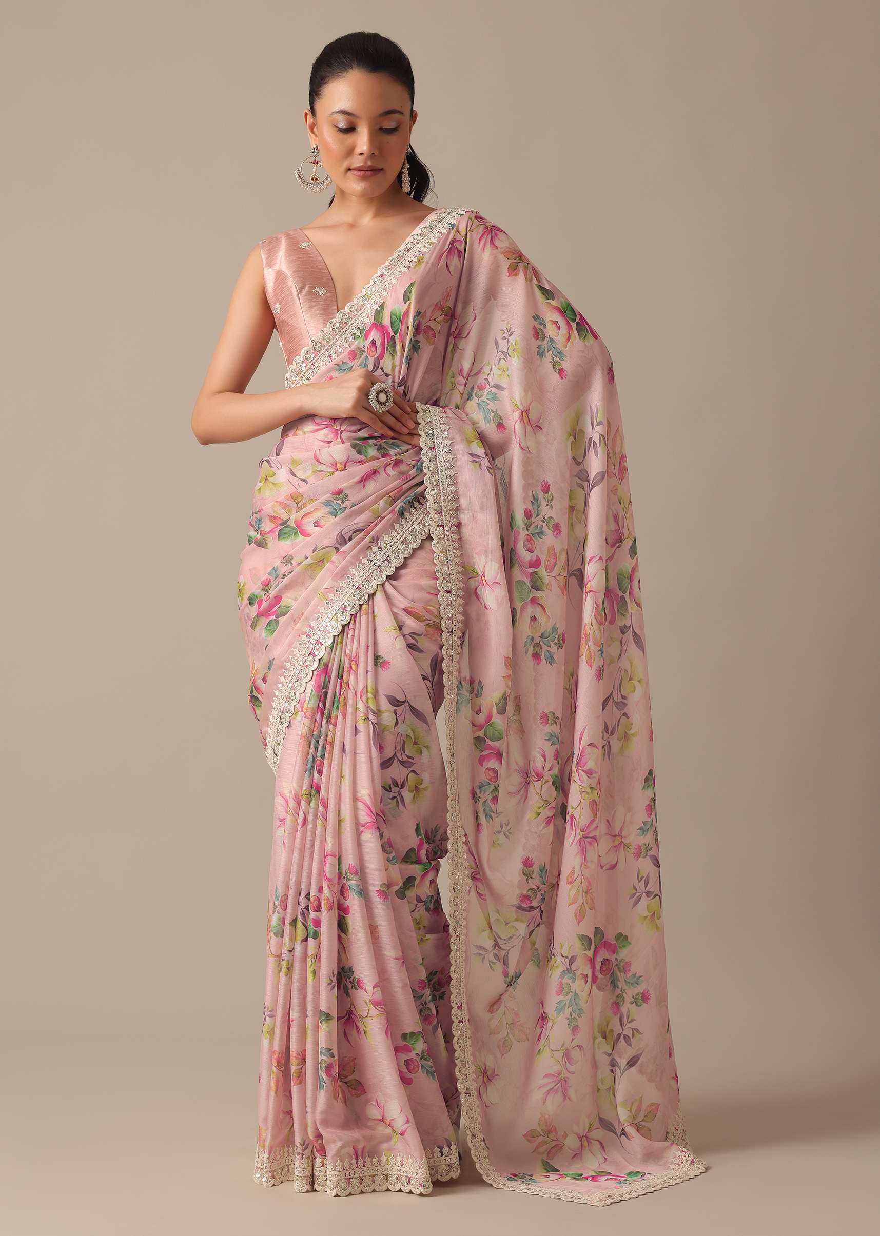 Pink Chiffon Ready To Wear Saree With Floral Prints And Unstitched Blouse Piece - Image 3