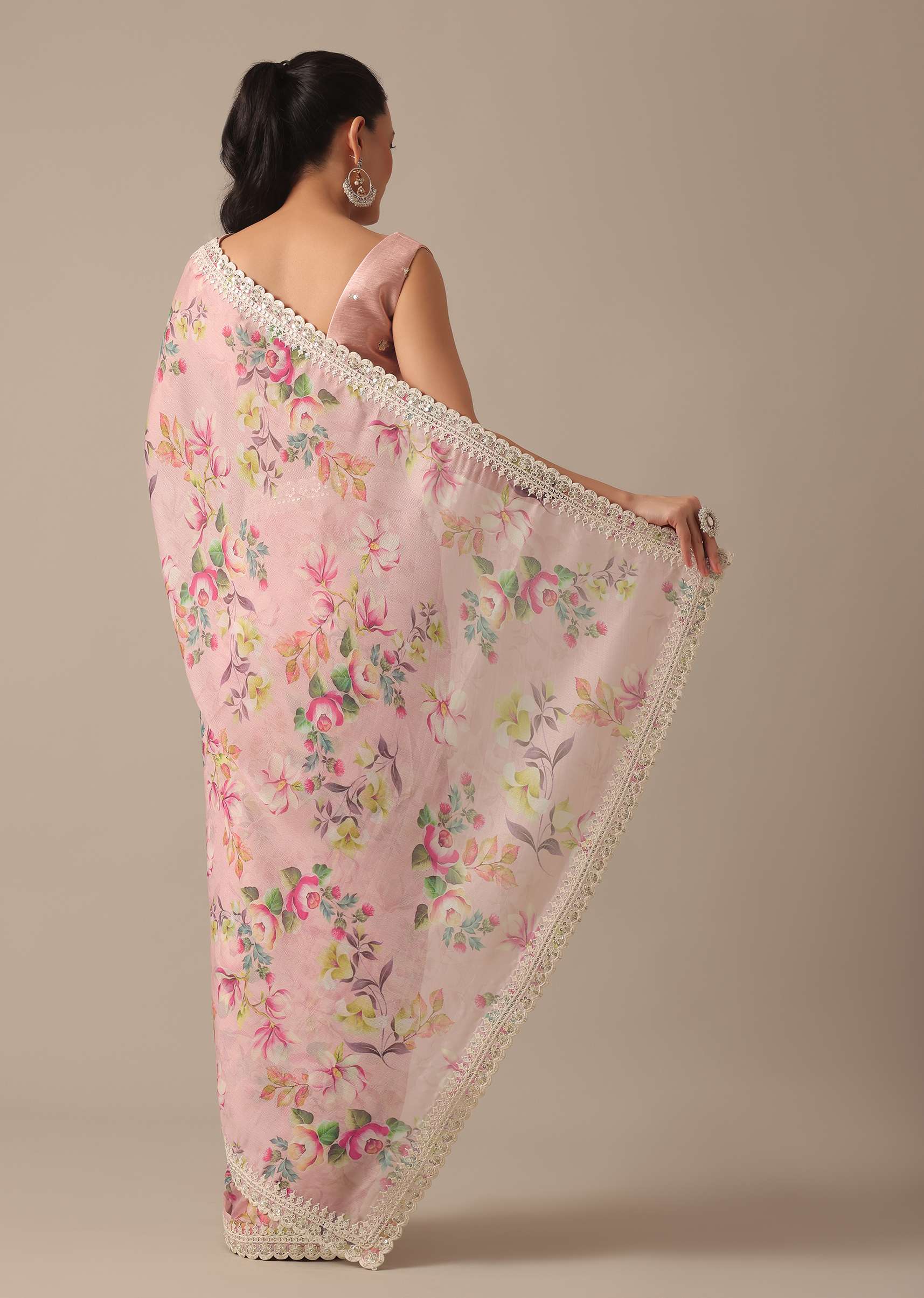 Pink Chiffon Ready To Wear Saree With Floral Prints And Unstitched Blouse Piece - Image 4