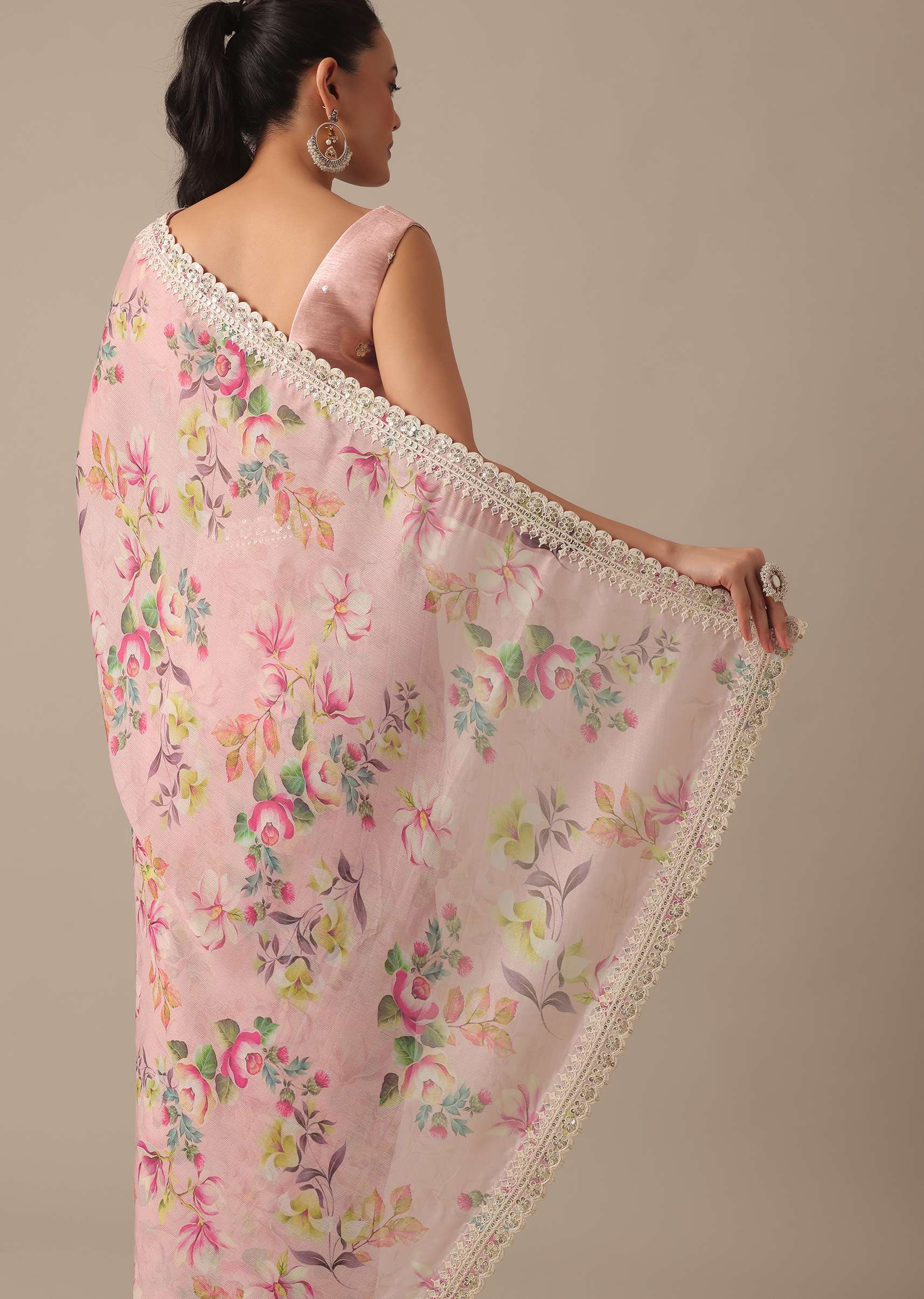 Pink Chiffon Ready To Wear Saree With Floral Prints And Unstitched Blouse Piece - Image 6