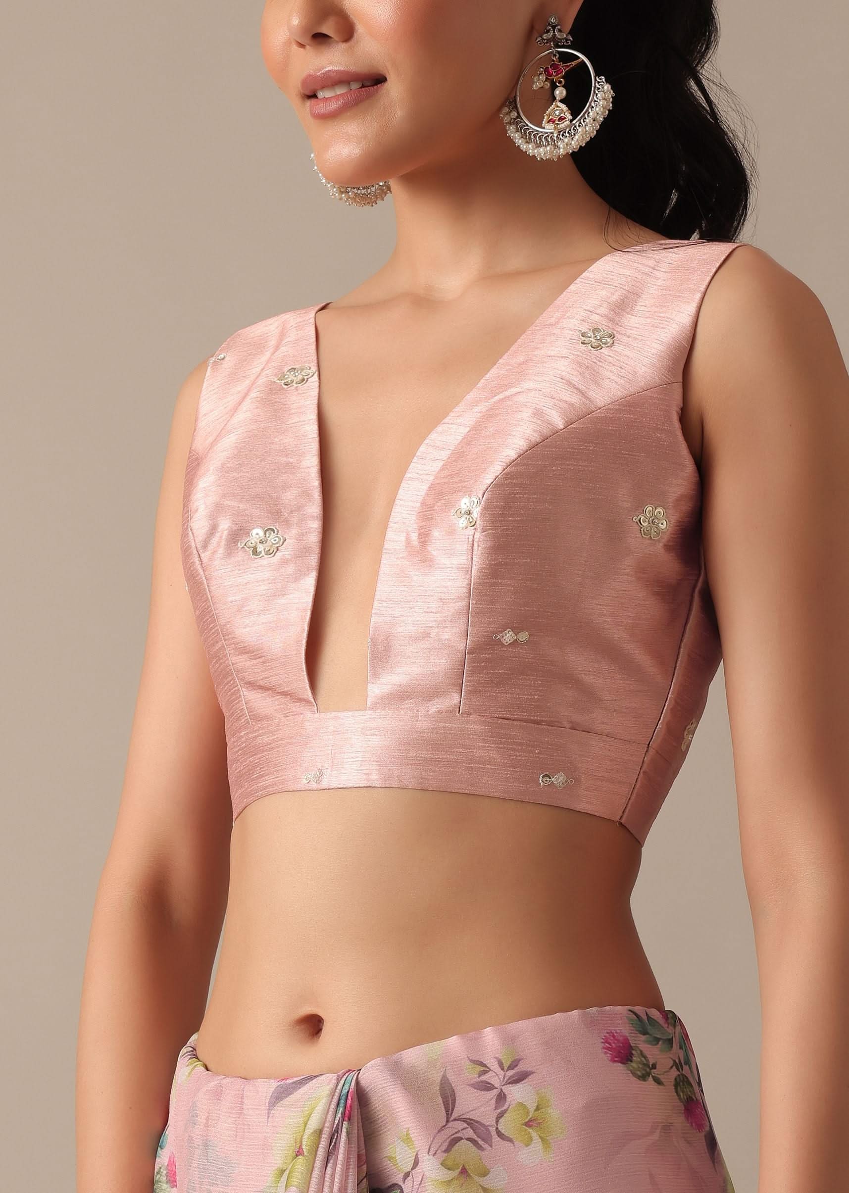 Pink Chiffon Ready To Wear Saree With Floral Prints And Unstitched Blouse Piece - Image 7