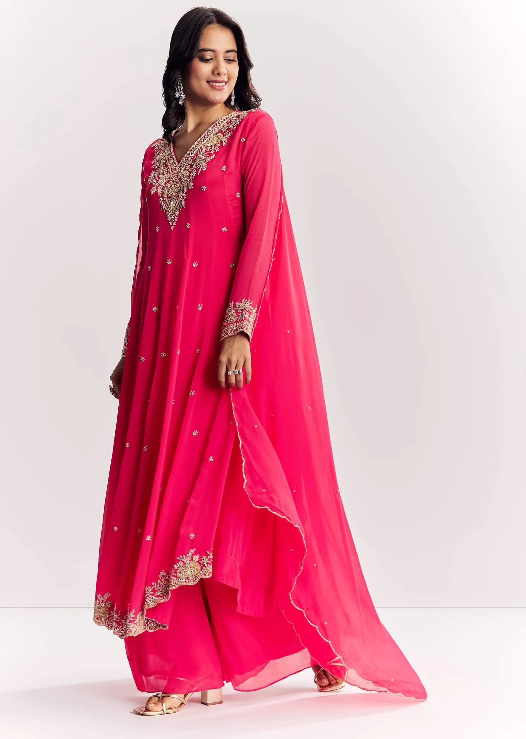 Pink Chinon Anarkali Dupatta Suit With Sequins Cutdana And Moti Work - Image 2