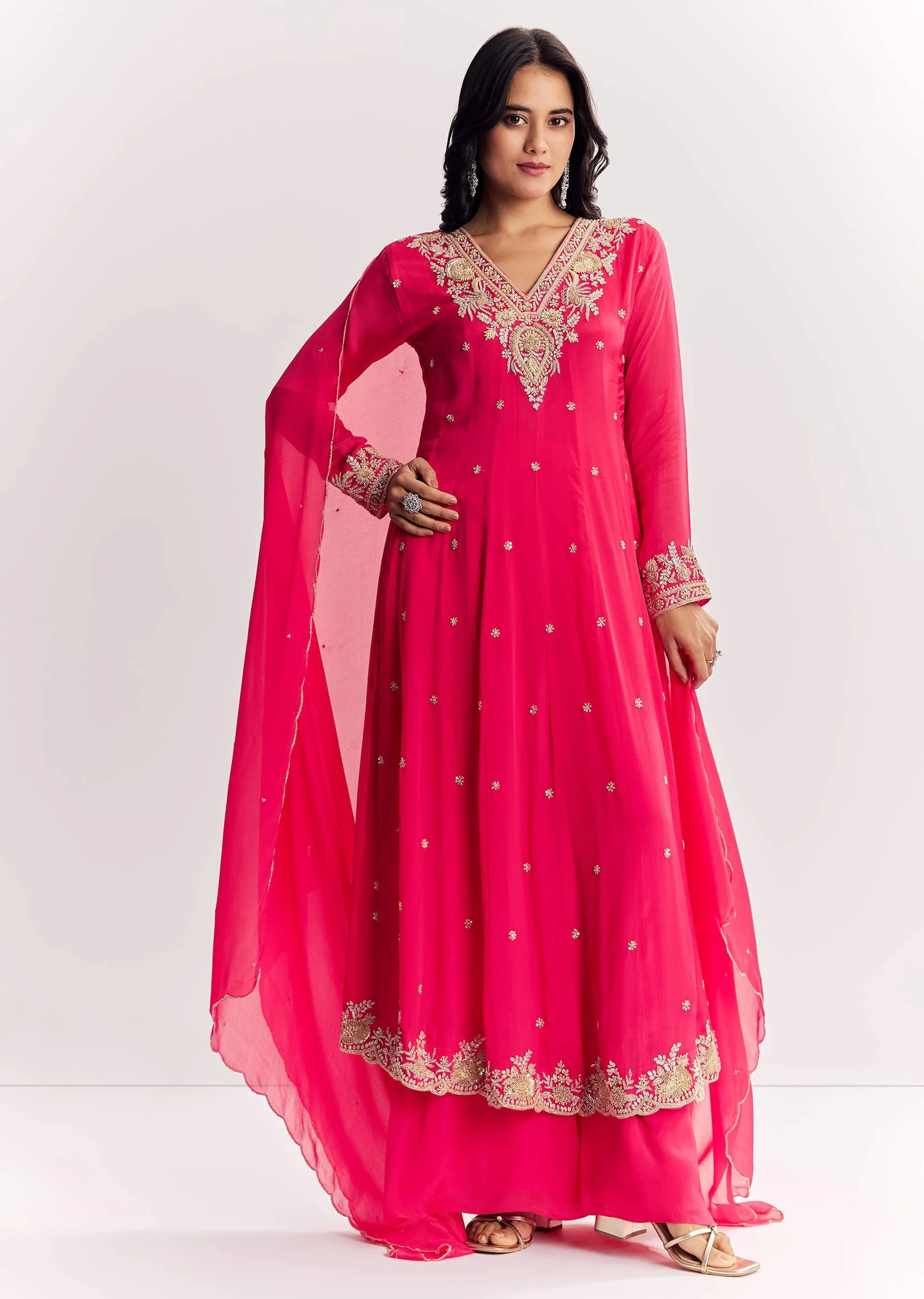 Pink Chinon Anarkali Dupatta Suit With Sequins Cutdana And Moti Work - Image 3