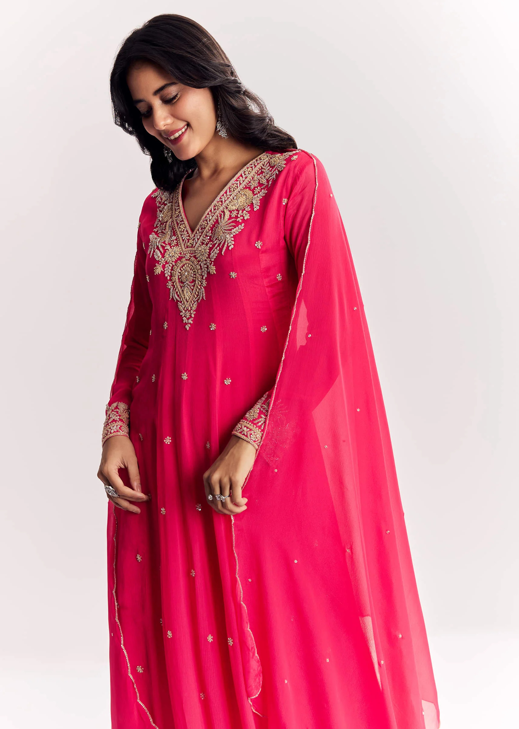 Pink Chinon Anarkali Dupatta Suit With Sequins Cutdana And Moti Work - Image 4