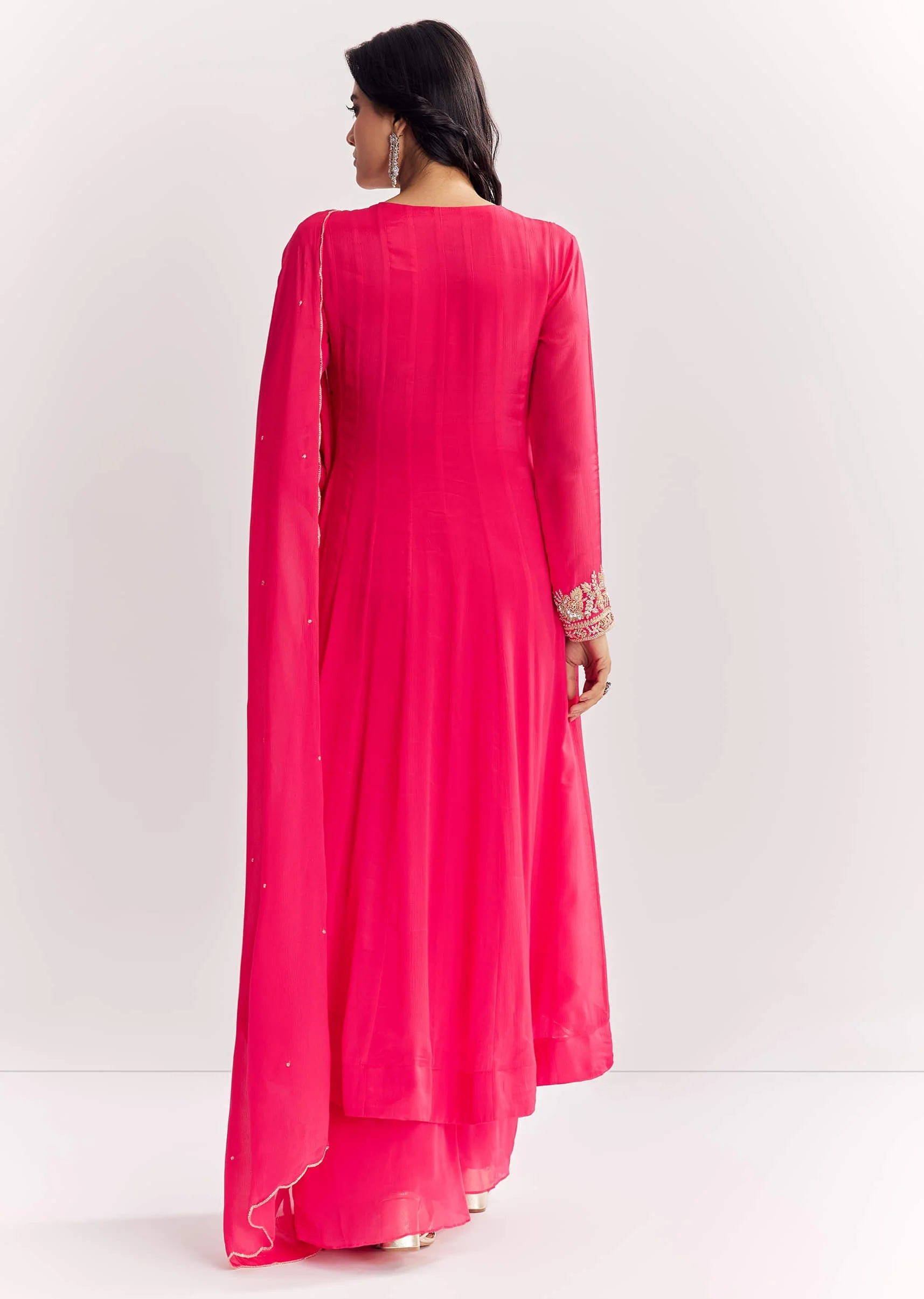 Pink Chinon Anarkali Dupatta Suit With Sequins Cutdana And Moti Work - Image 5