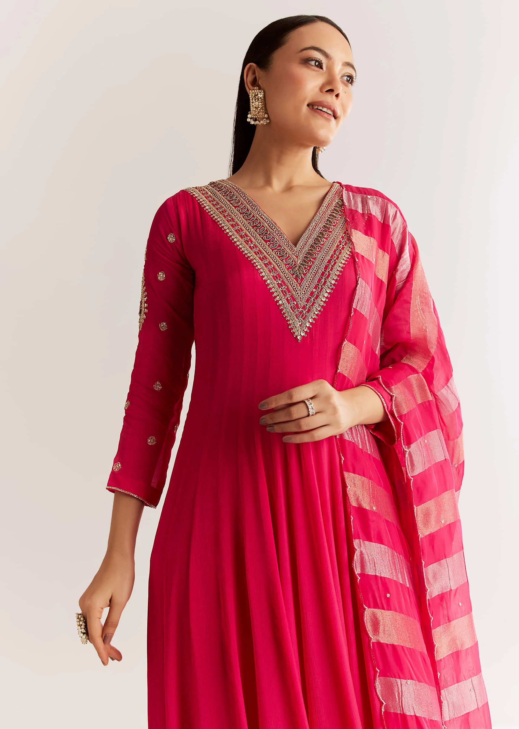 Pink Chinon Anarkali Set With Zardosi Sequins And Cutdana Work - Image 4