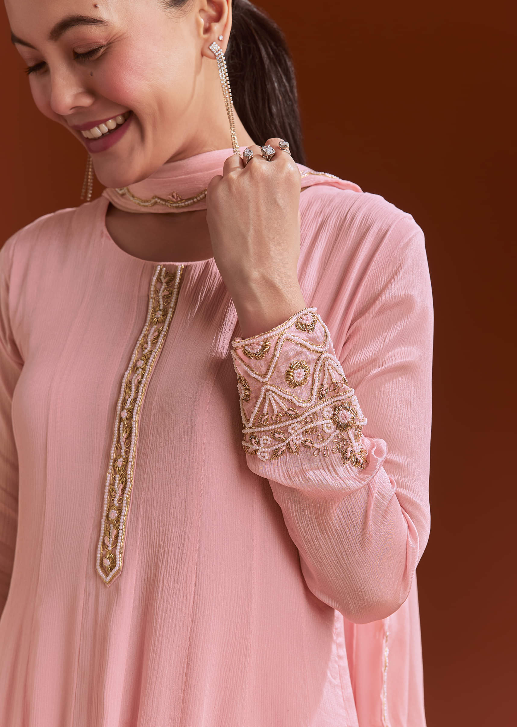Pink Chinon Anarkali Suit With Beads And Stone Work - Image 3