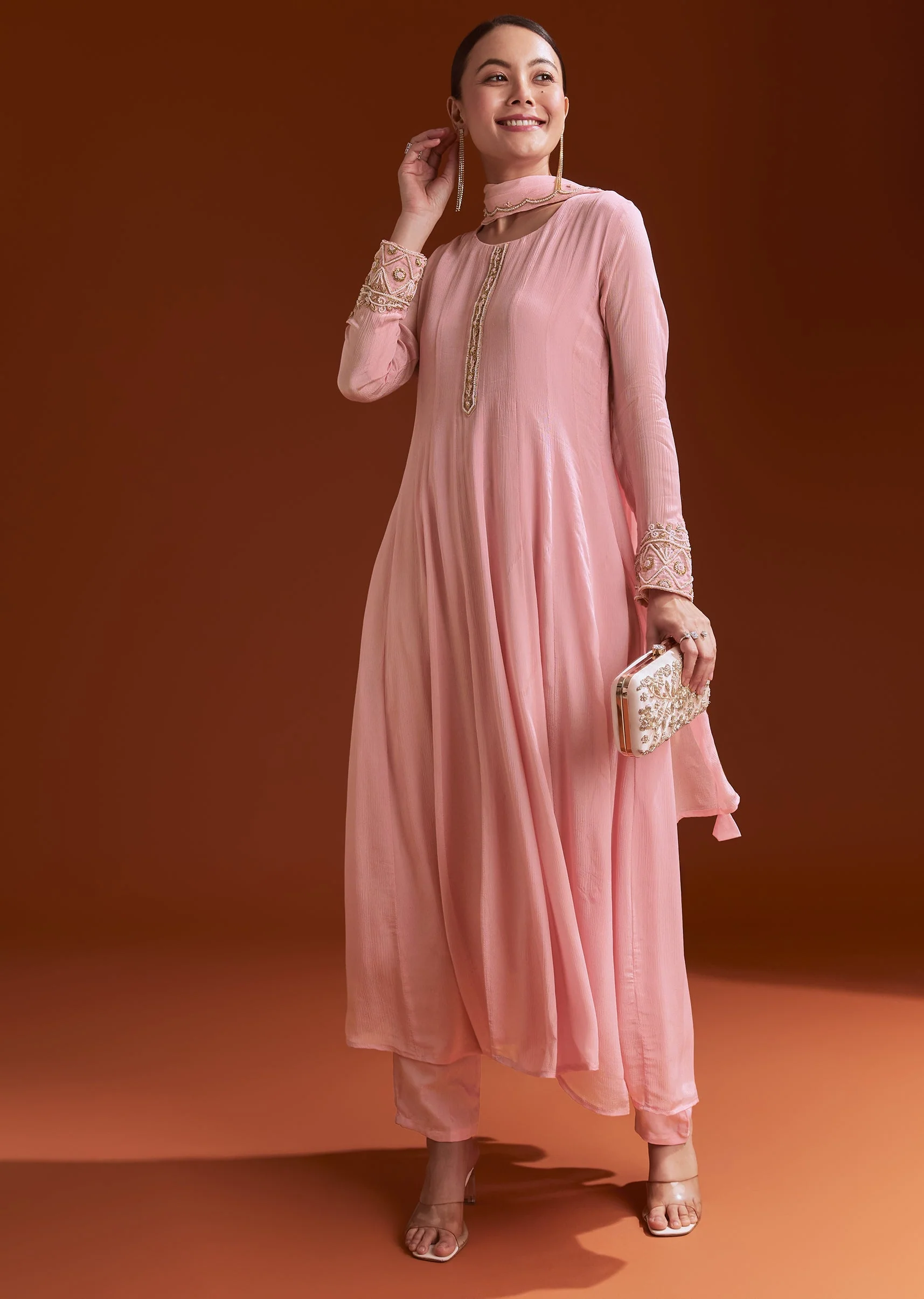 Pink Chinon Anarkali Suit With Beads And Stone Work - Image 4