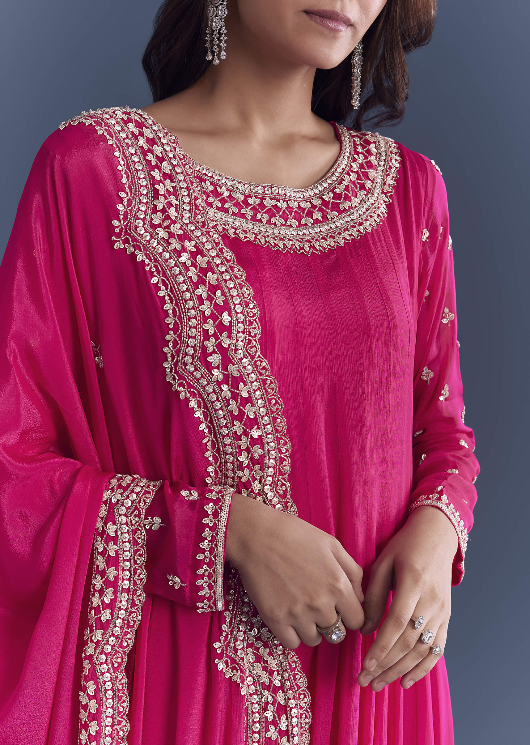 Pink Chinon Anarkali Suit With Cutdana And Sequins Embroidery - Image 2