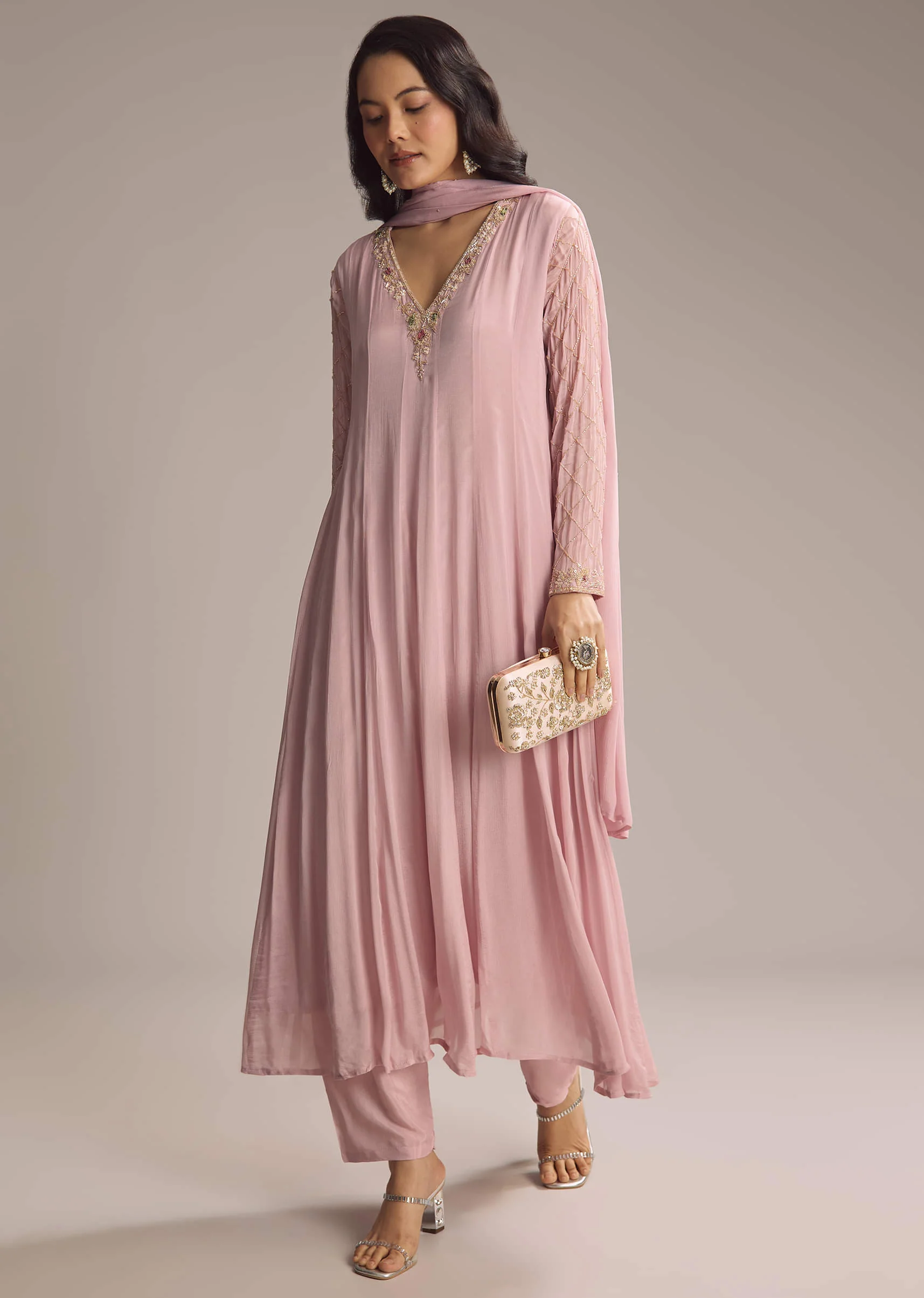 Pink Chinon Anarkali Suit With Cutdana And Sequins Work - Image 3