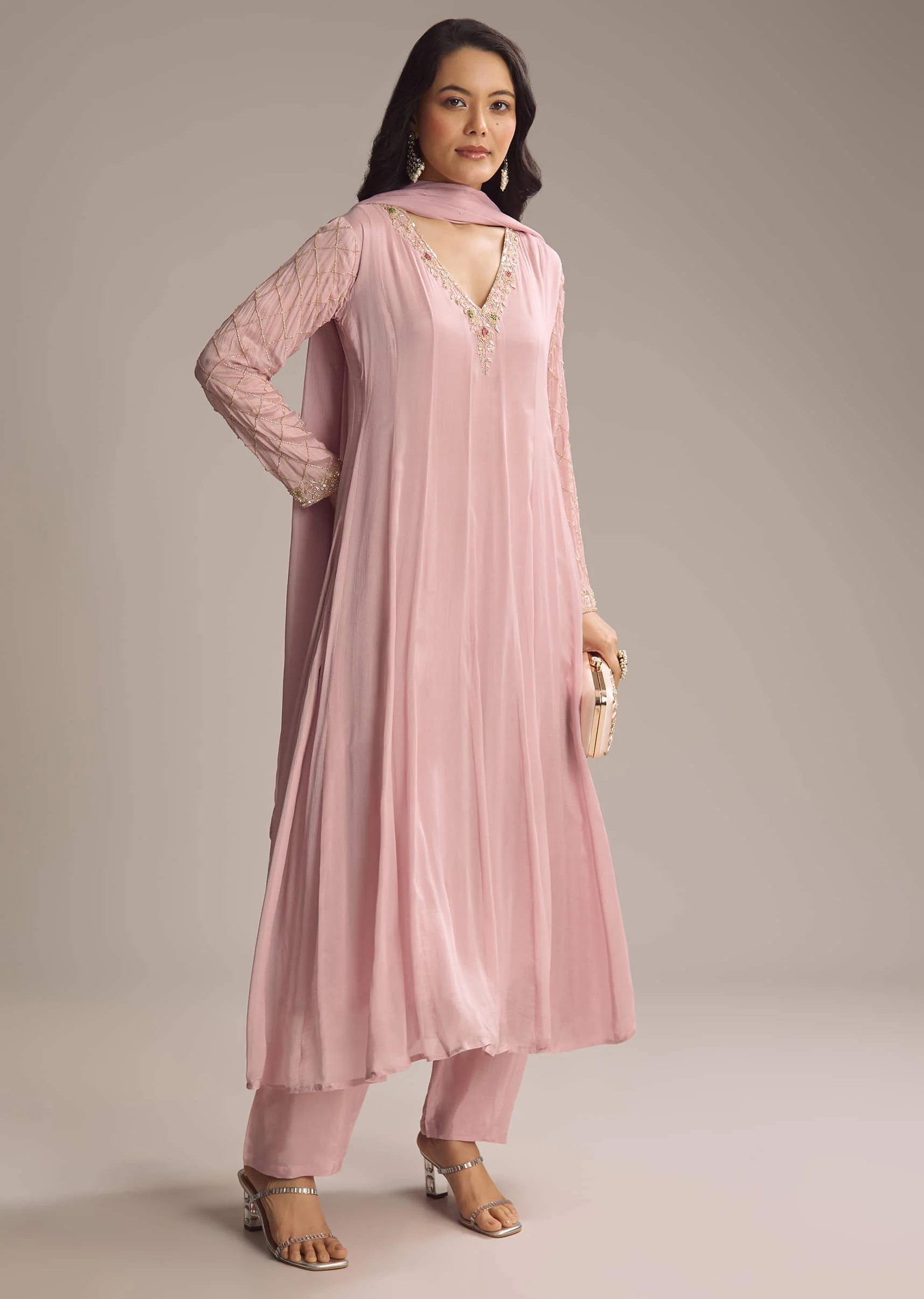 Pink Chinon Anarkali Suit With Cutdana And Sequins Work - Image 7