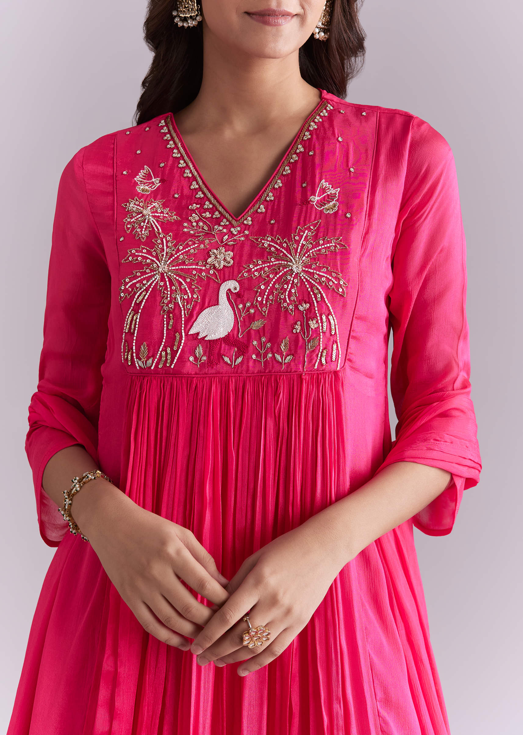 Pink Chinon Anarkali Suit With Moti And Resham Embroidery - Image 2