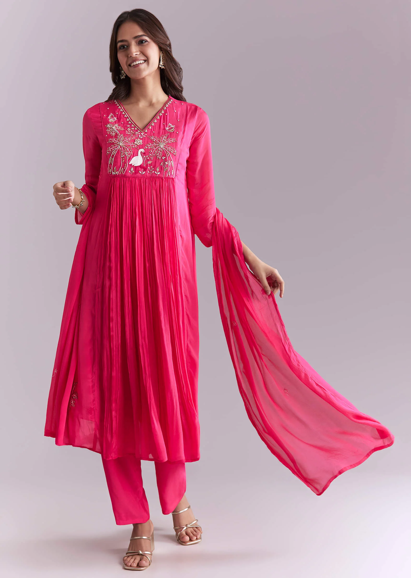 Pink Chinon Anarkali Suit With Moti And Resham Embroidery - Image 3