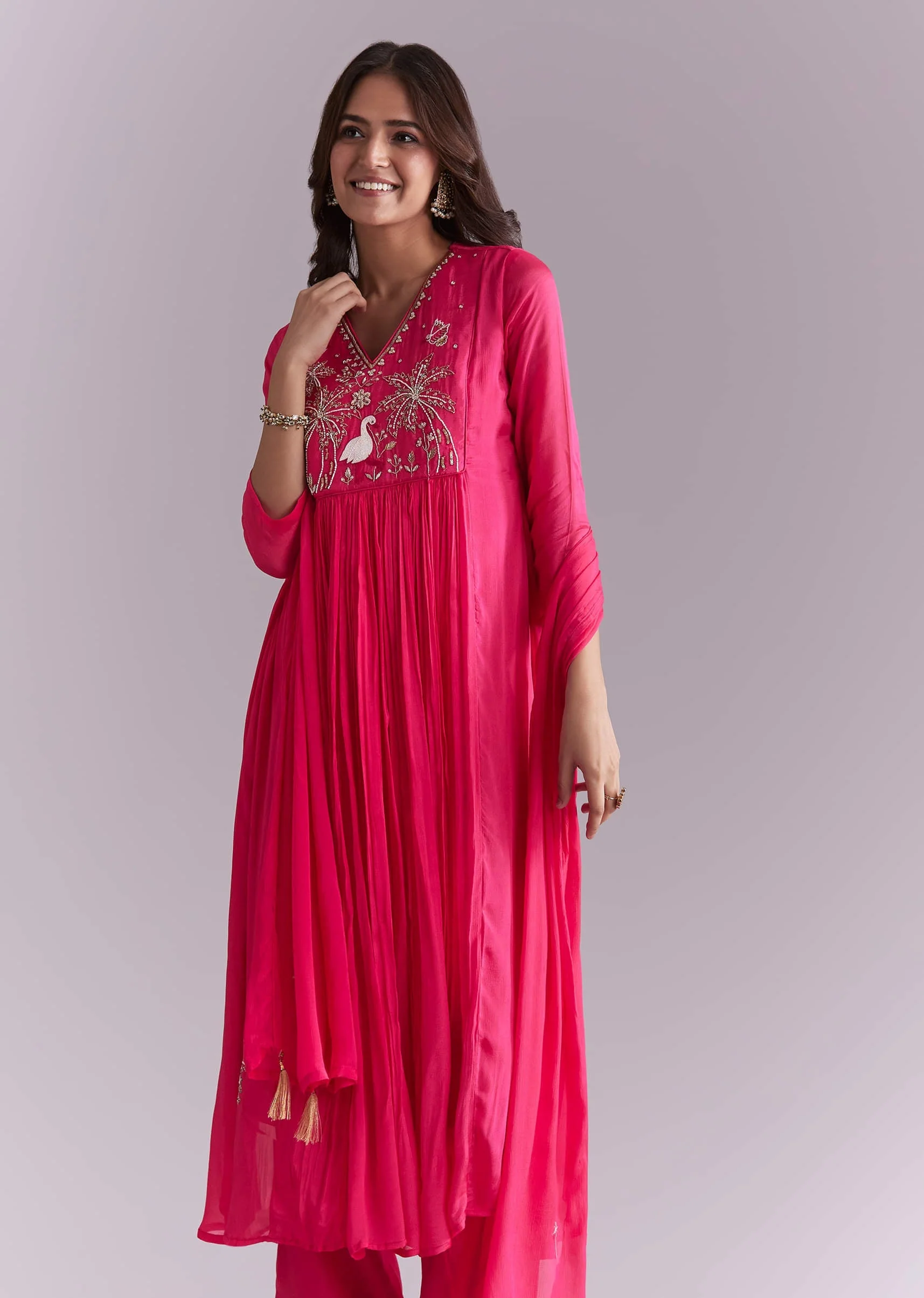 Pink Chinon Anarkali Suit With Moti And Resham Embroidery - Image 4
