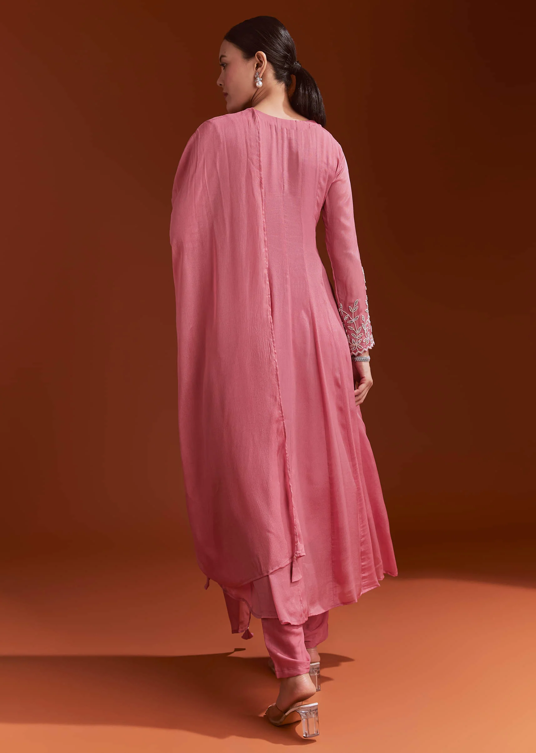 Pink Chinon Anarkali Suit With Moti And Stone Work - Image 5