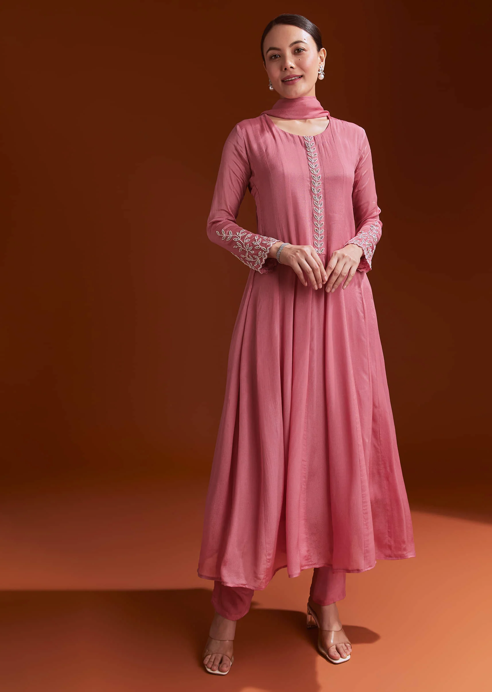 Pink Chinon Anarkali Suit With Moti And Stone Work - Image 7