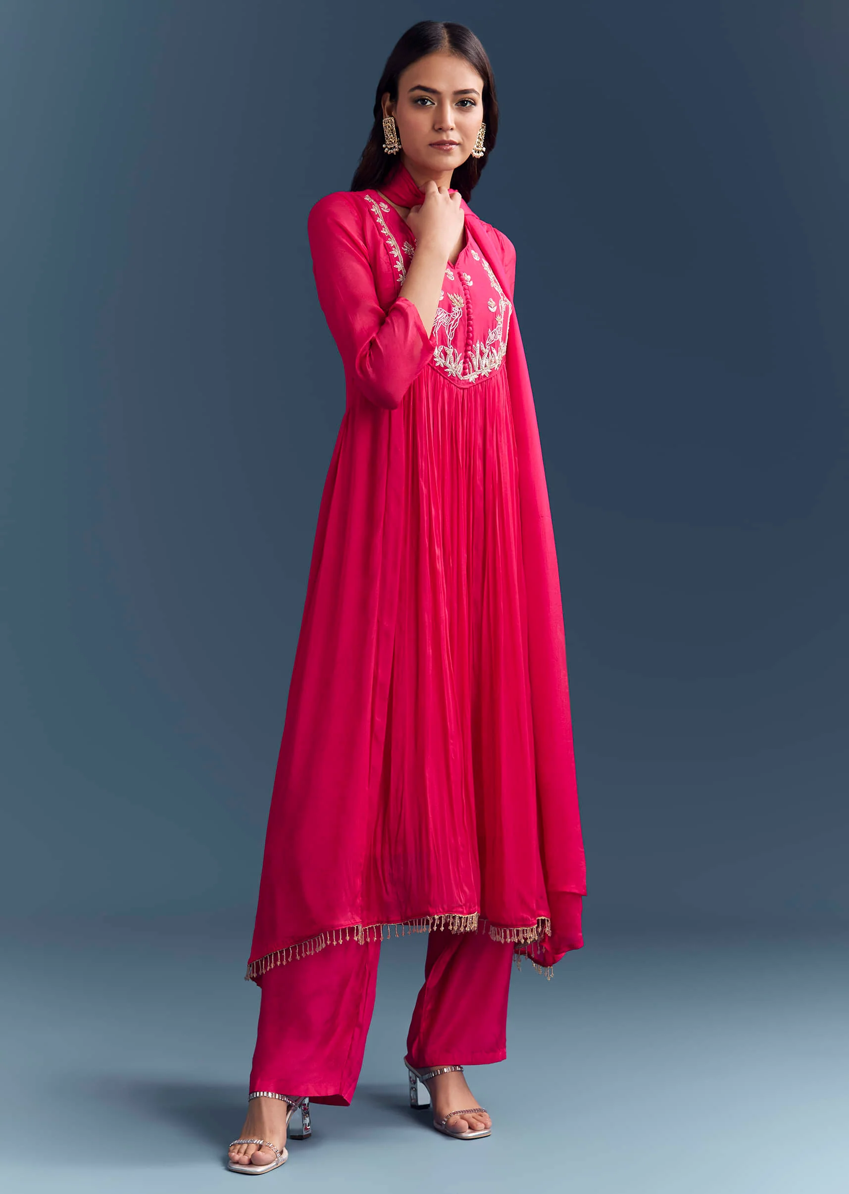 Pink Chinon Anarkali Suit With Sequins And Resham Embroidery - Image 3