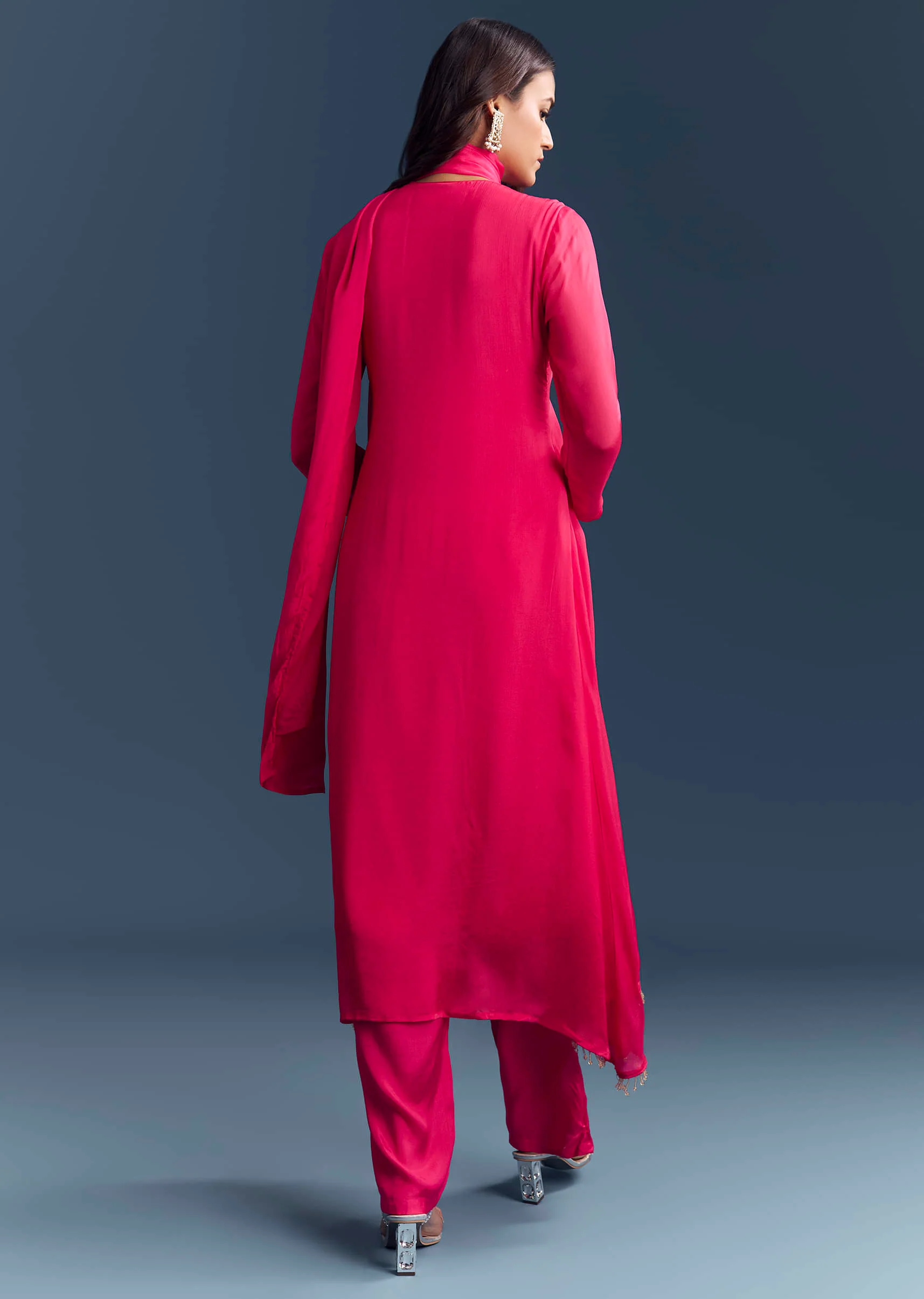 Pink Chinon Anarkali Suit With Sequins And Resham Embroidery - Image 5